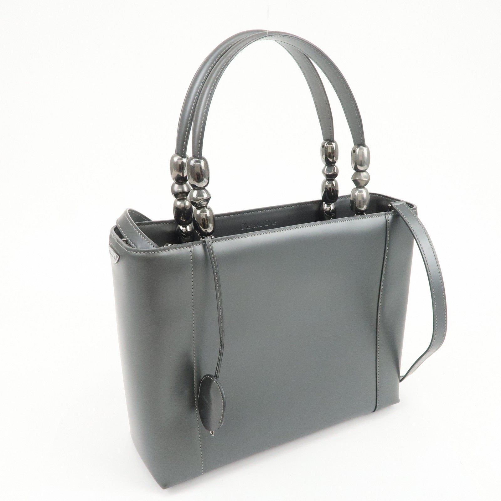 Christian Dior Maris Pearl Logo Leather Hand Bag Gray