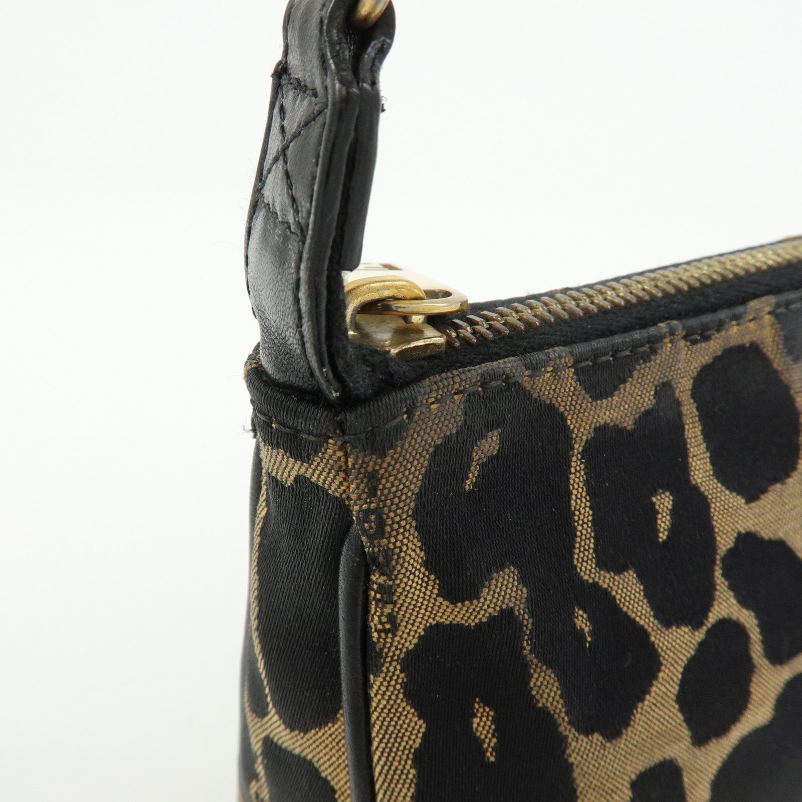 FENDI Canvas Leather Leopard Chain Hand Bag Brown Black 8M0264