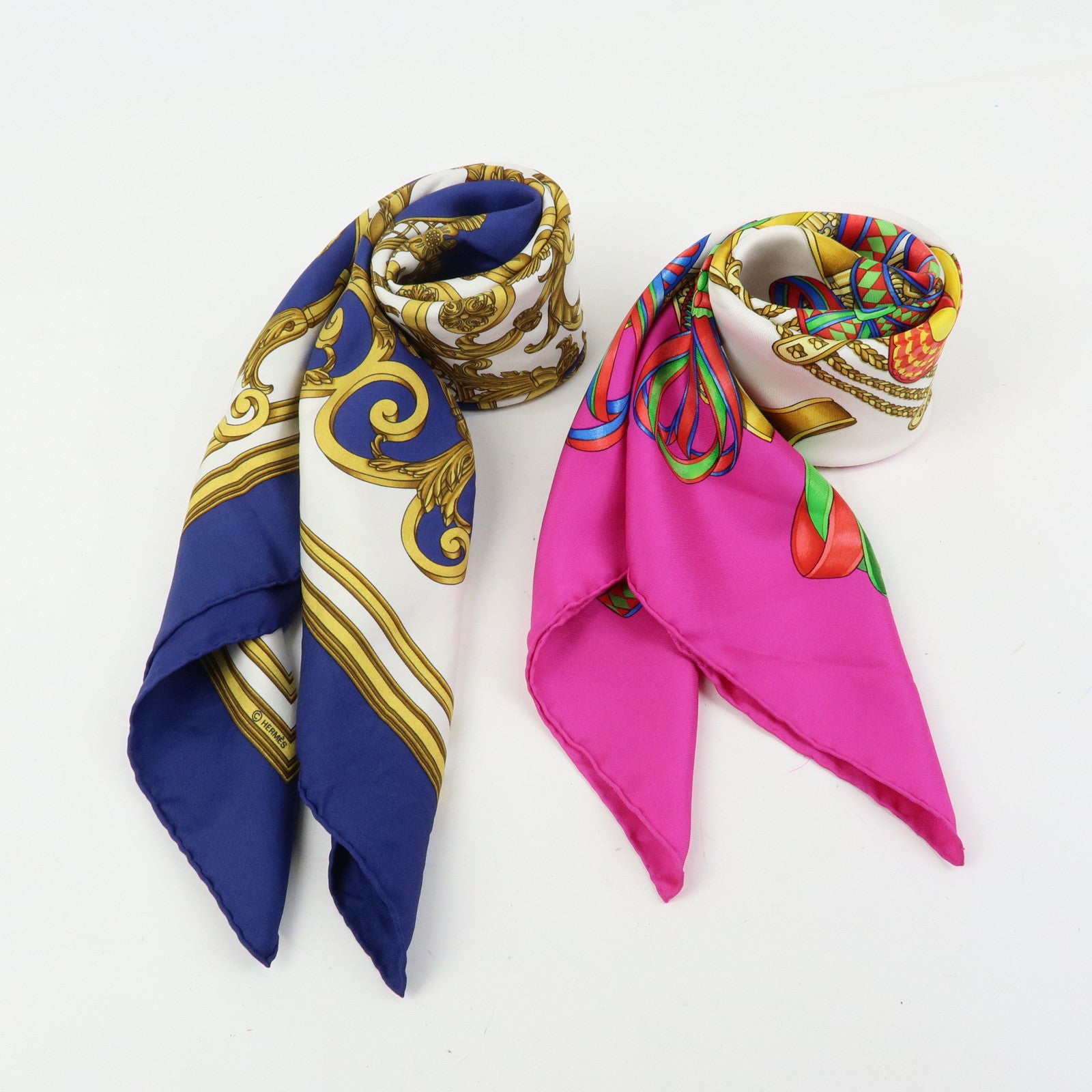HERMES Carre 90 Set of 2 Silk 100% Scarf Blue White Pink