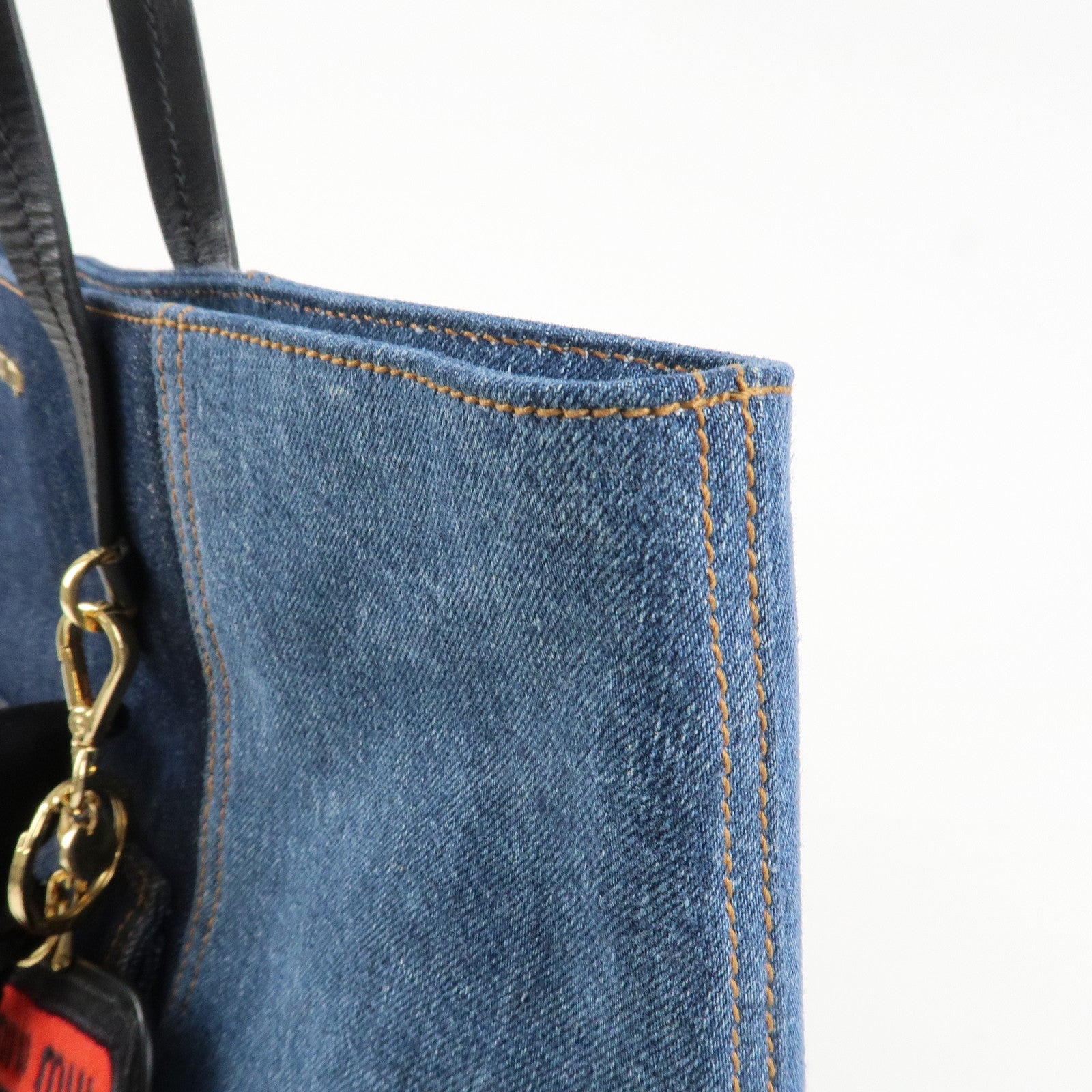 MIU MIU Leather Denim Tote Bag Shoulder Bag Navy 5BG024 Used