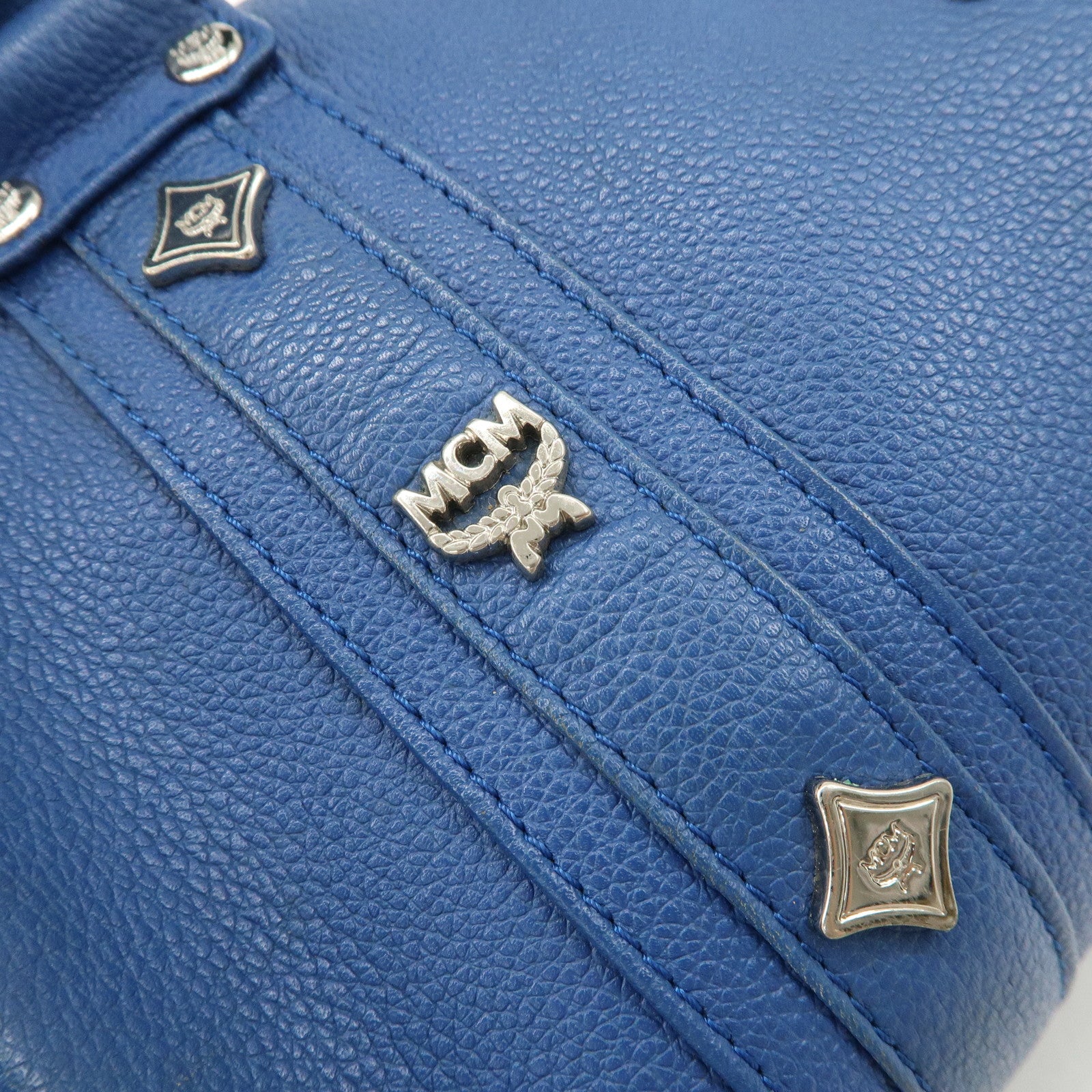 MCM Logo Leather Hand Bag Silver Studs Blue
