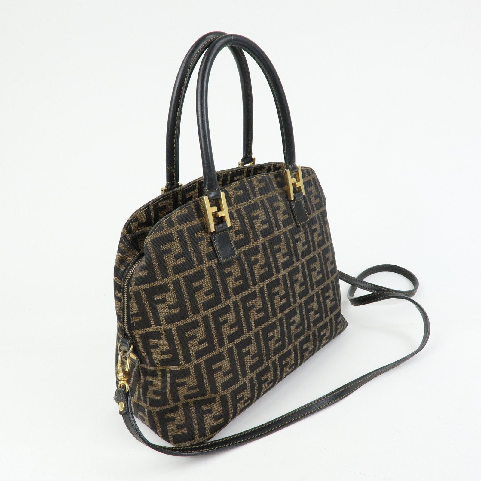 FENDI Zucca Canvas Leather 2Way Bag Hand Bag Shoulder Bag Brown