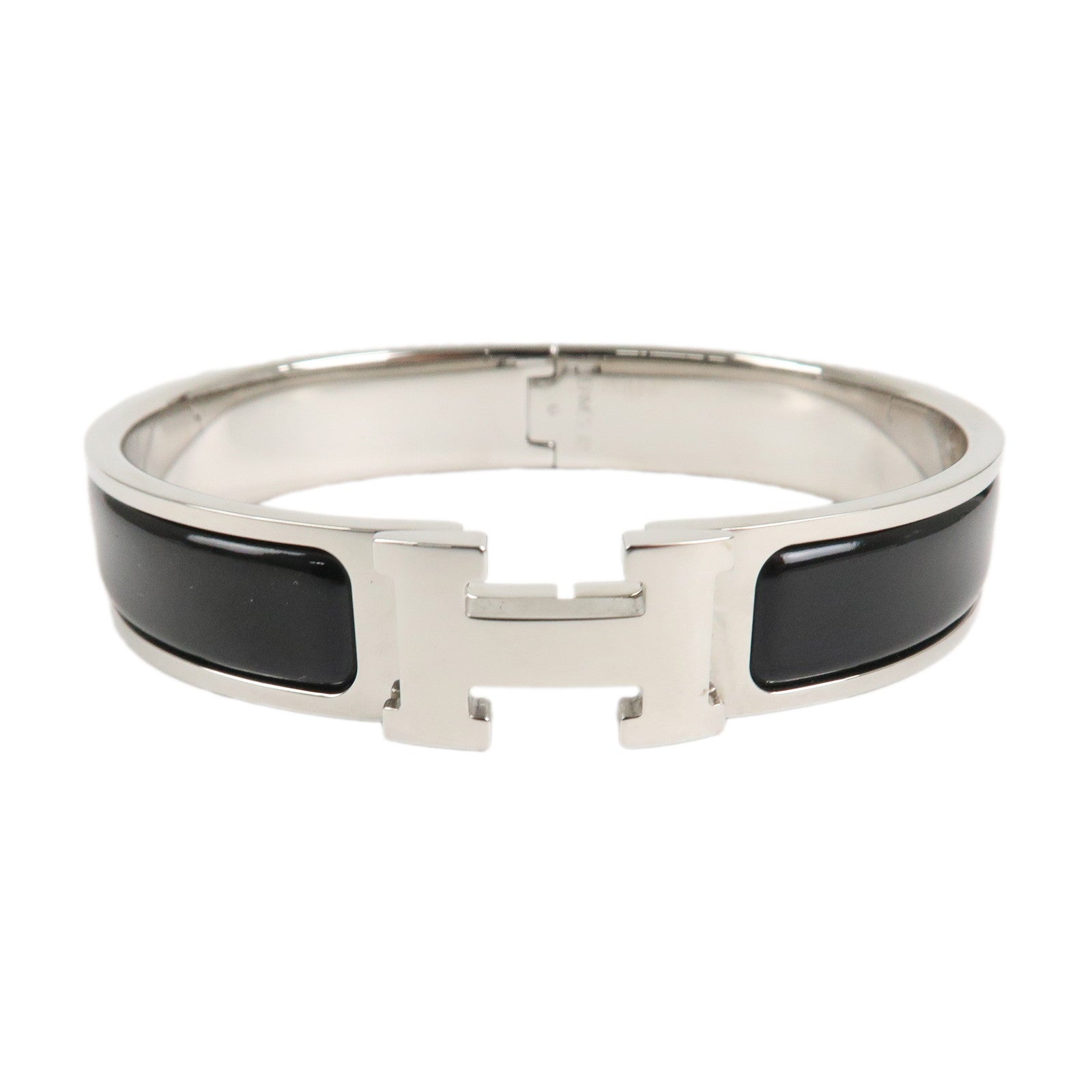 HERMES Clic Clac PM H Logo Bangle Bracelet Silver Black Used