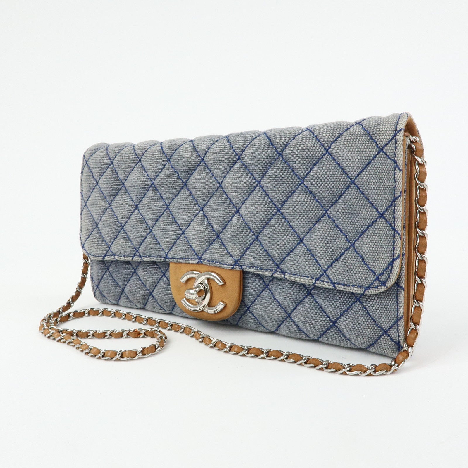 CHANEL Matelasse Denim Leather Chain Shoulder Bag Blue Light Brown