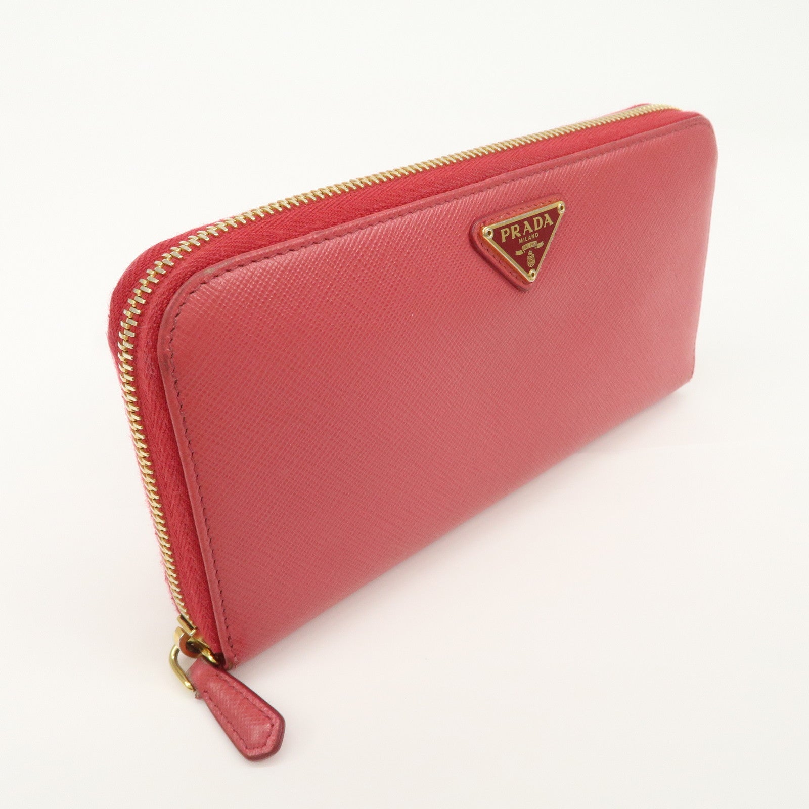 PRADA Logo Saffiano Leather Round Zippy Long Wallet Pink 1M0506