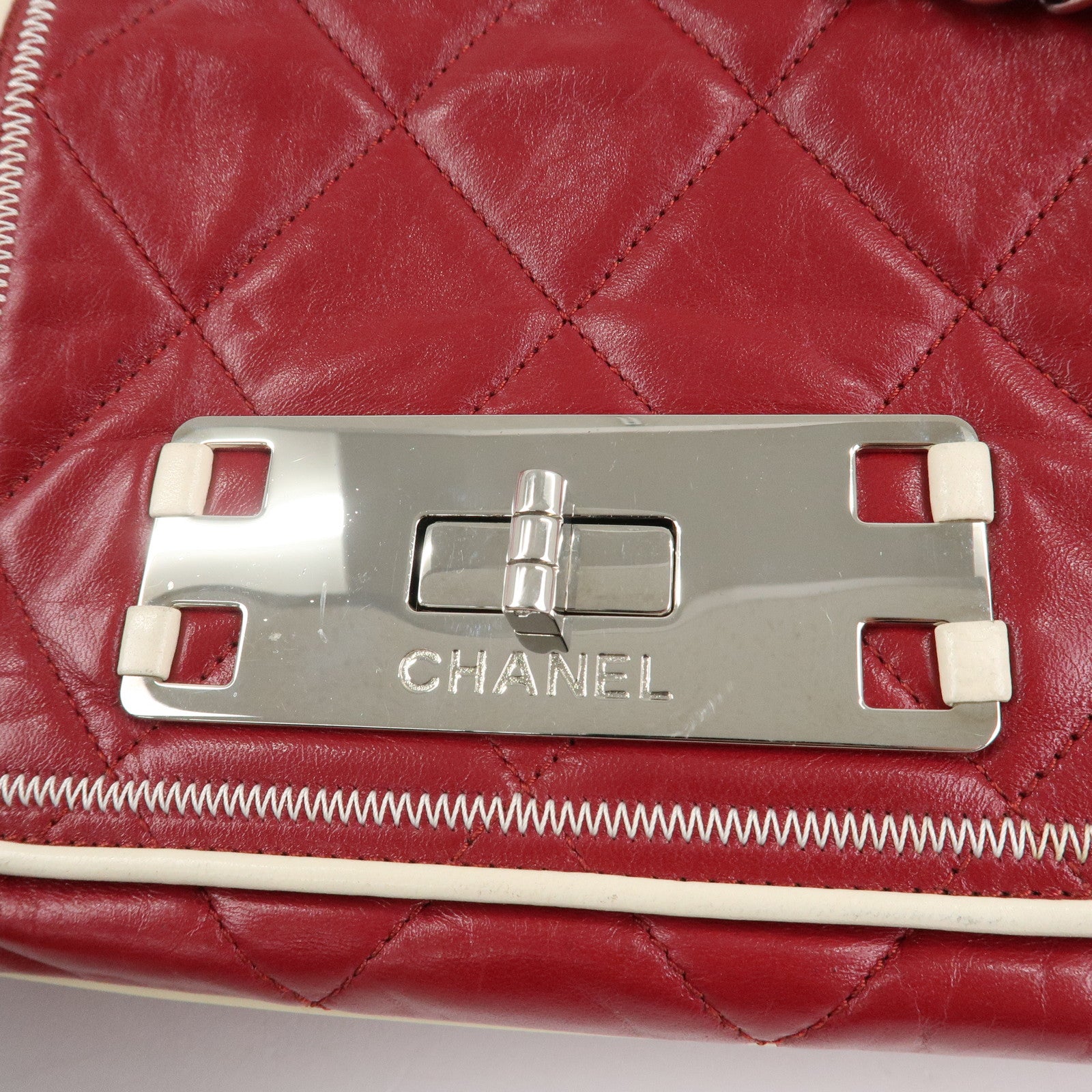 CHANEL 2.55 Lamb Skin Leather Chain Shoulder Bag Red Used