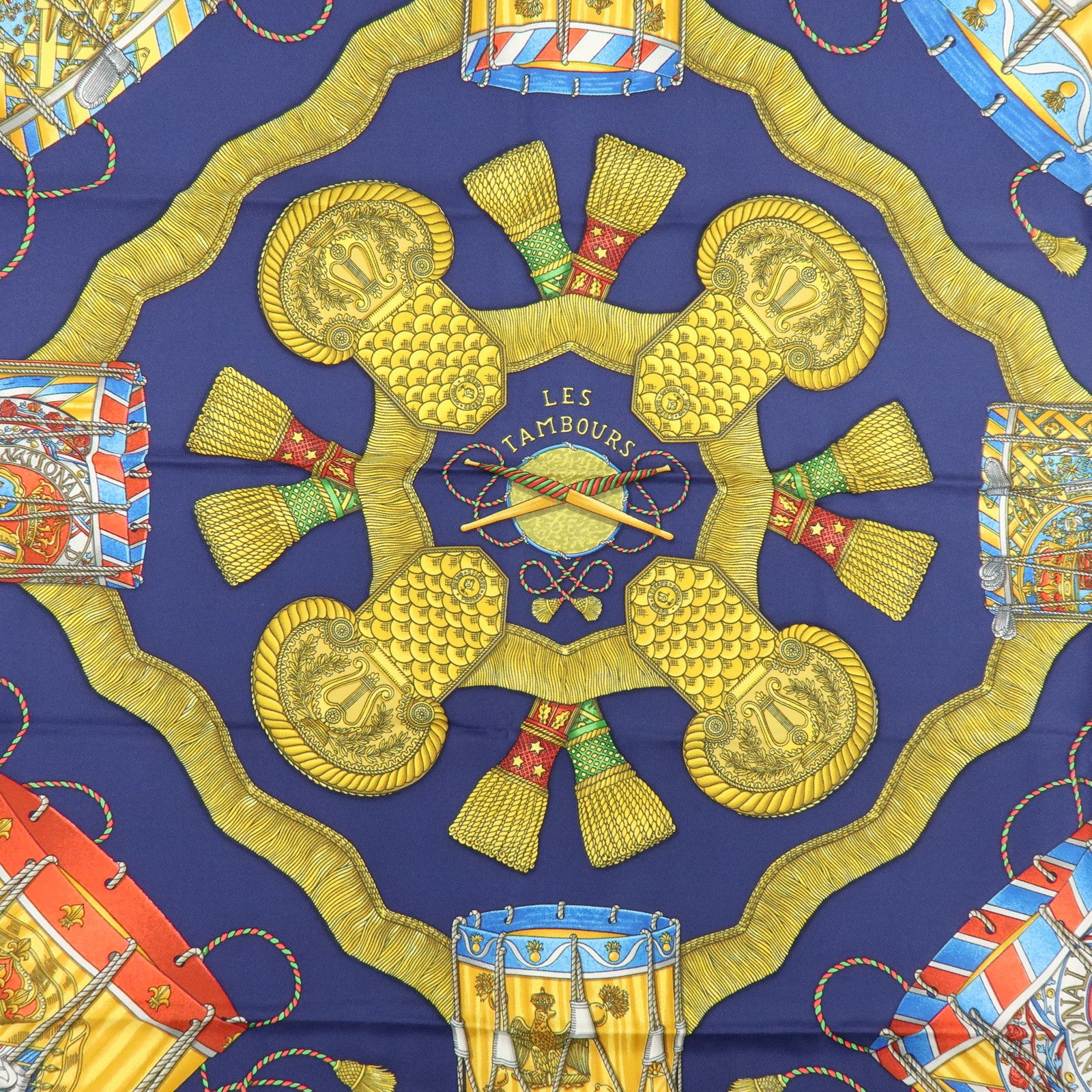 HERMES Carre 90 Silk 100% LES TAMBOURS Scarf Navy Gold