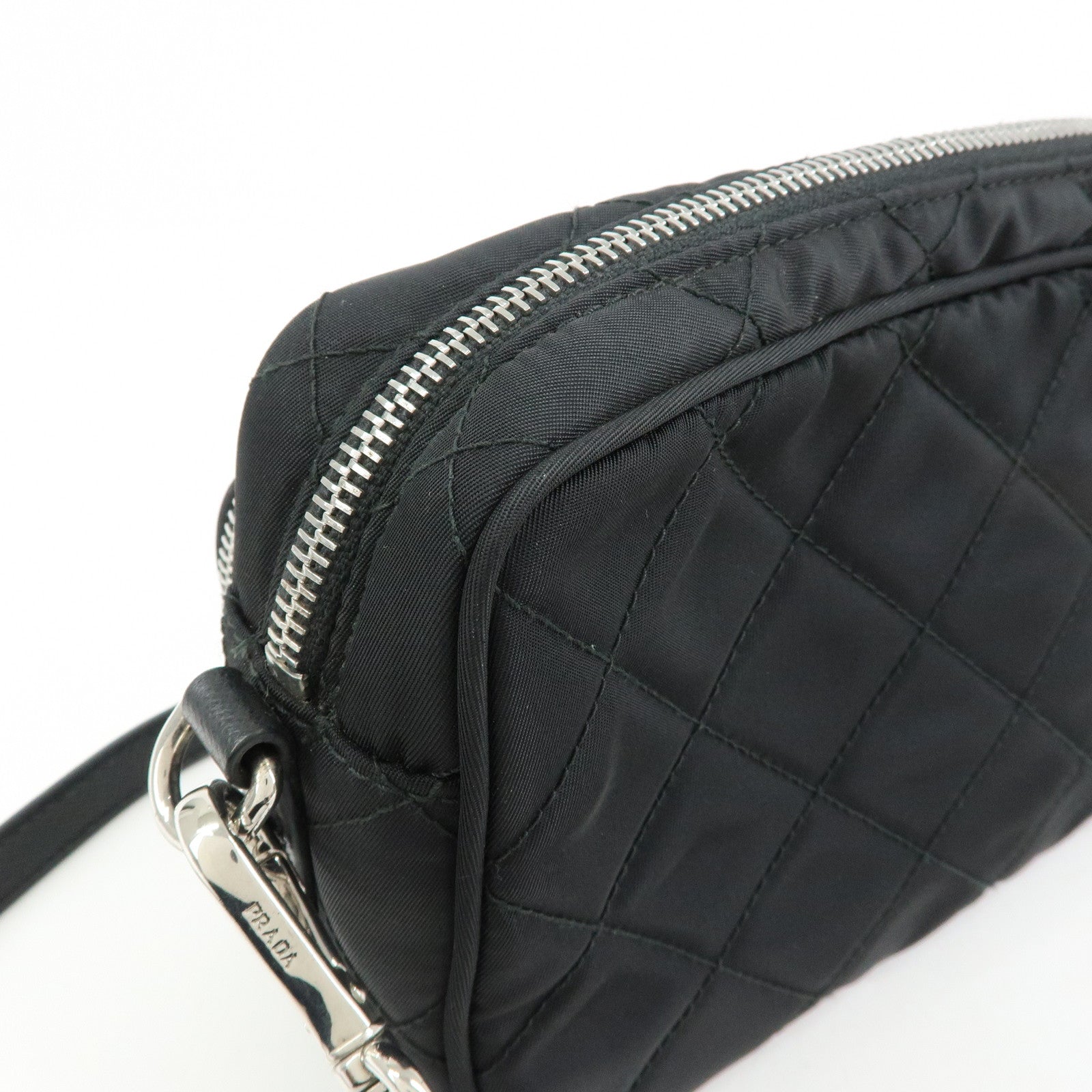 PRADA Triangle Logo Nylon Leather Quilt Shoulder Bag Black BT1027