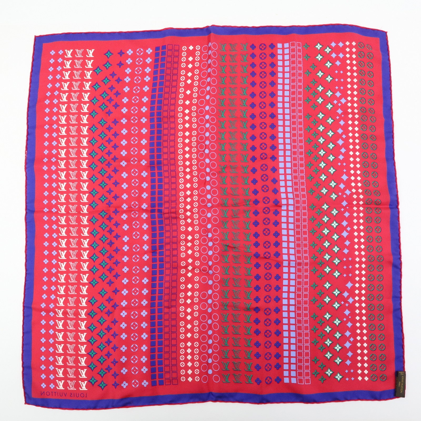Louis Vuitton Monogram Silk 100% Scarf Geometric Pattern Pink Blue