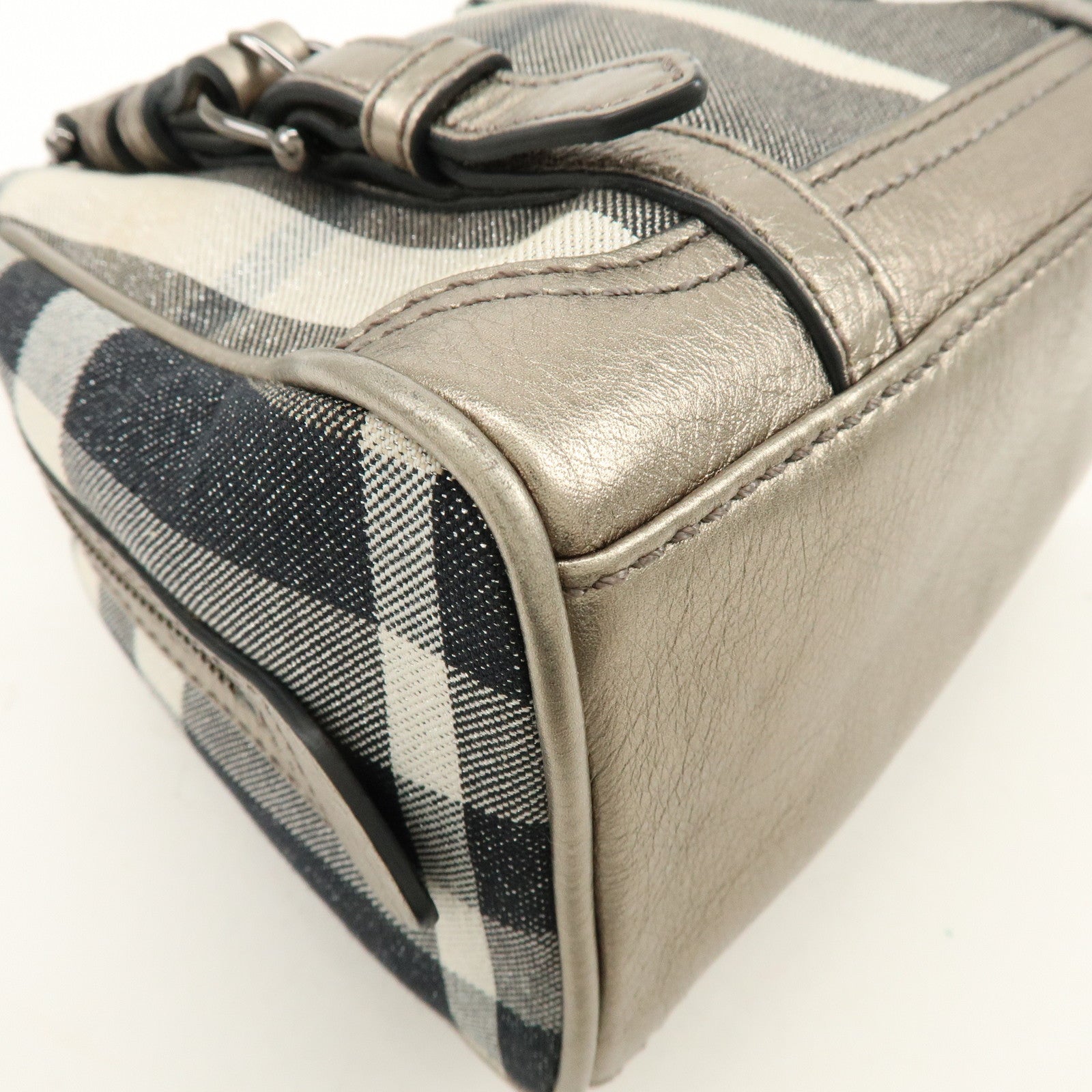 BURBERRY Plaid Canvas Leather Hand Bag Gray Champagne Gold