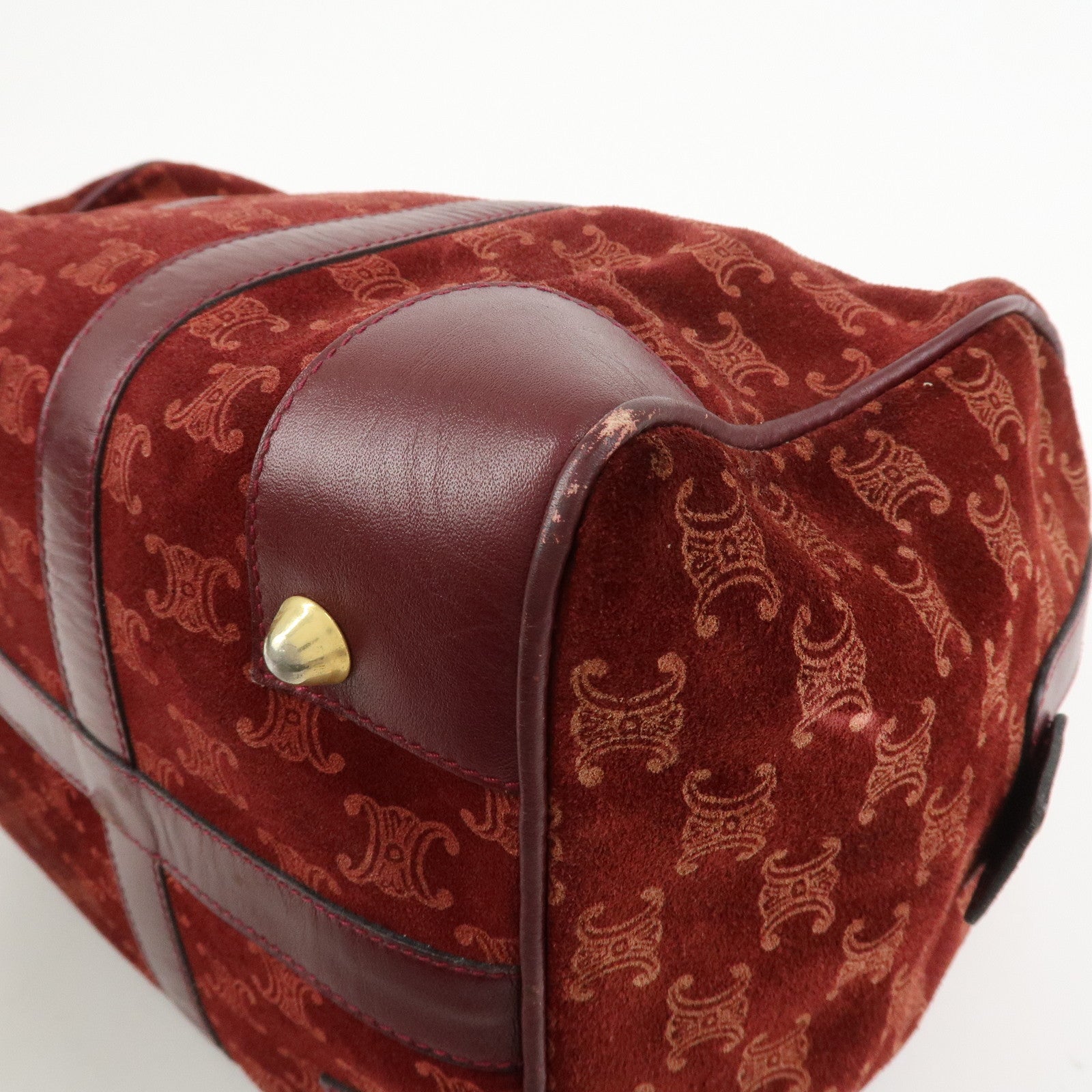 CELINE Macadam Logo Suede Leather Boston Bag Hand Bag Red Brown