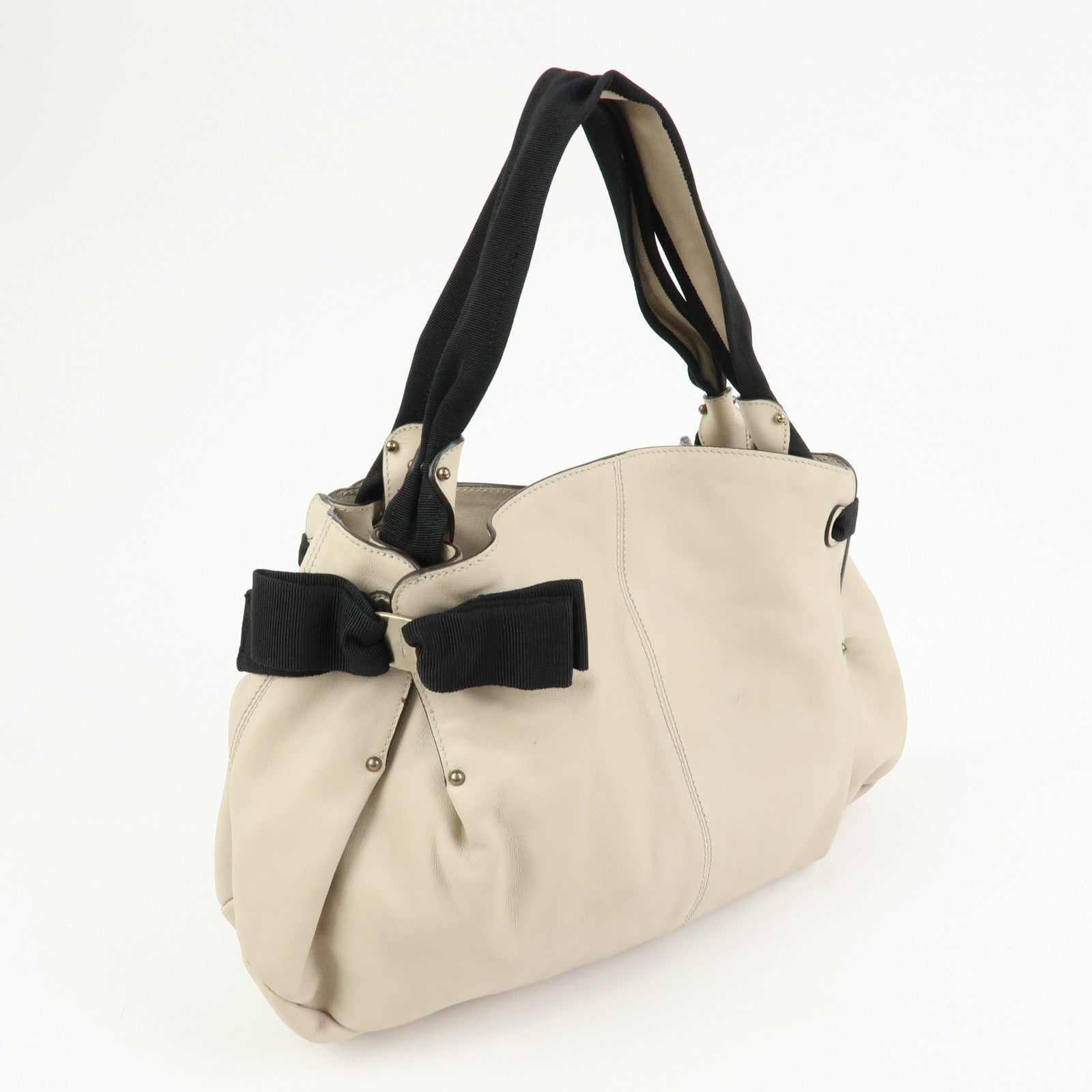 Ferragamo Vara Ribbon Leather Tote Bag Shoulder Bag Ivory Black