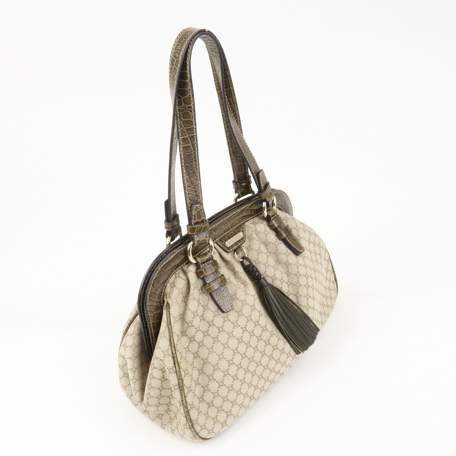 CELINE Macadam Canvas Leather Shoulder Bag Hand Bag Beige