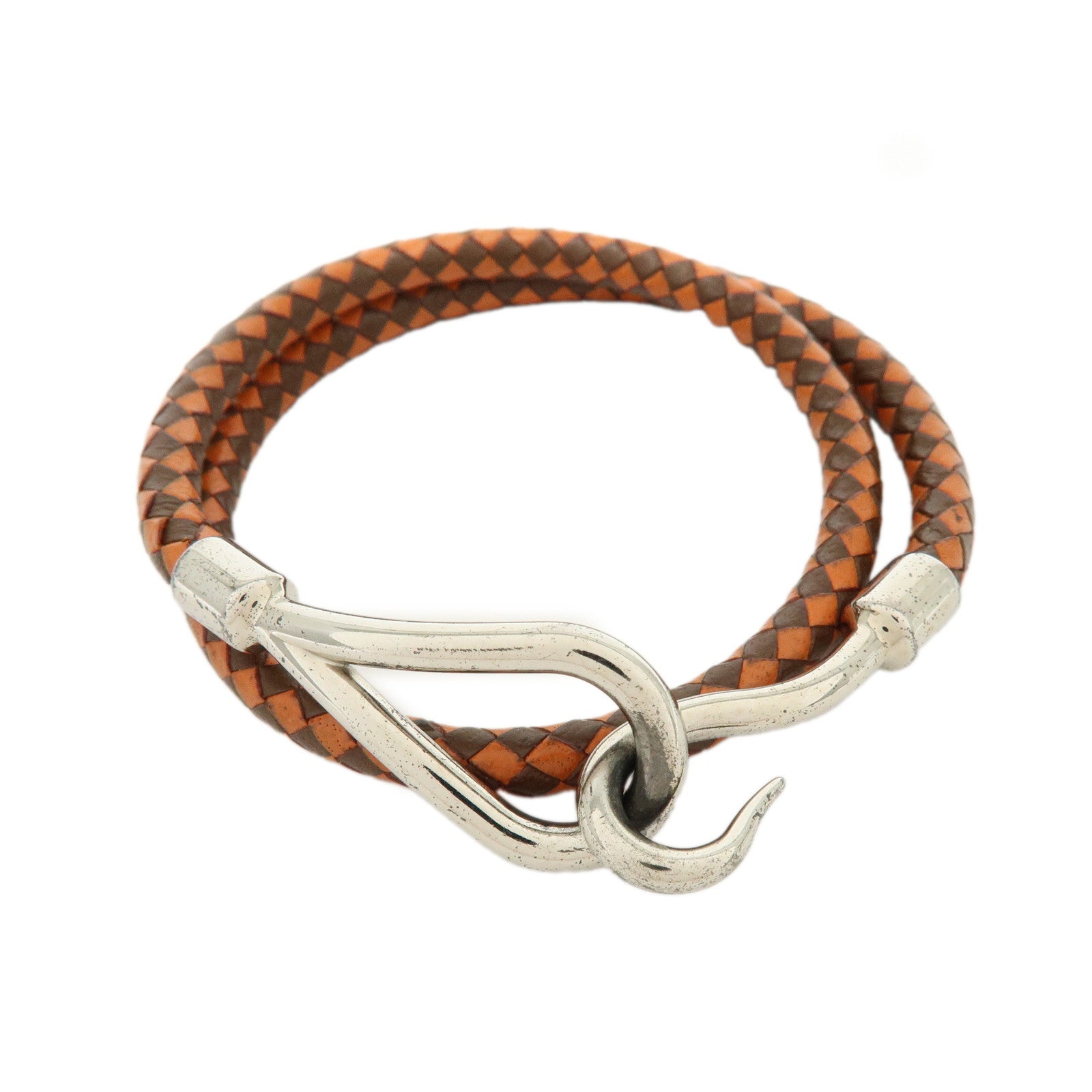 HERMES Jumbo Choker Double Tour Leather Metal Bracelet Orange Brown
