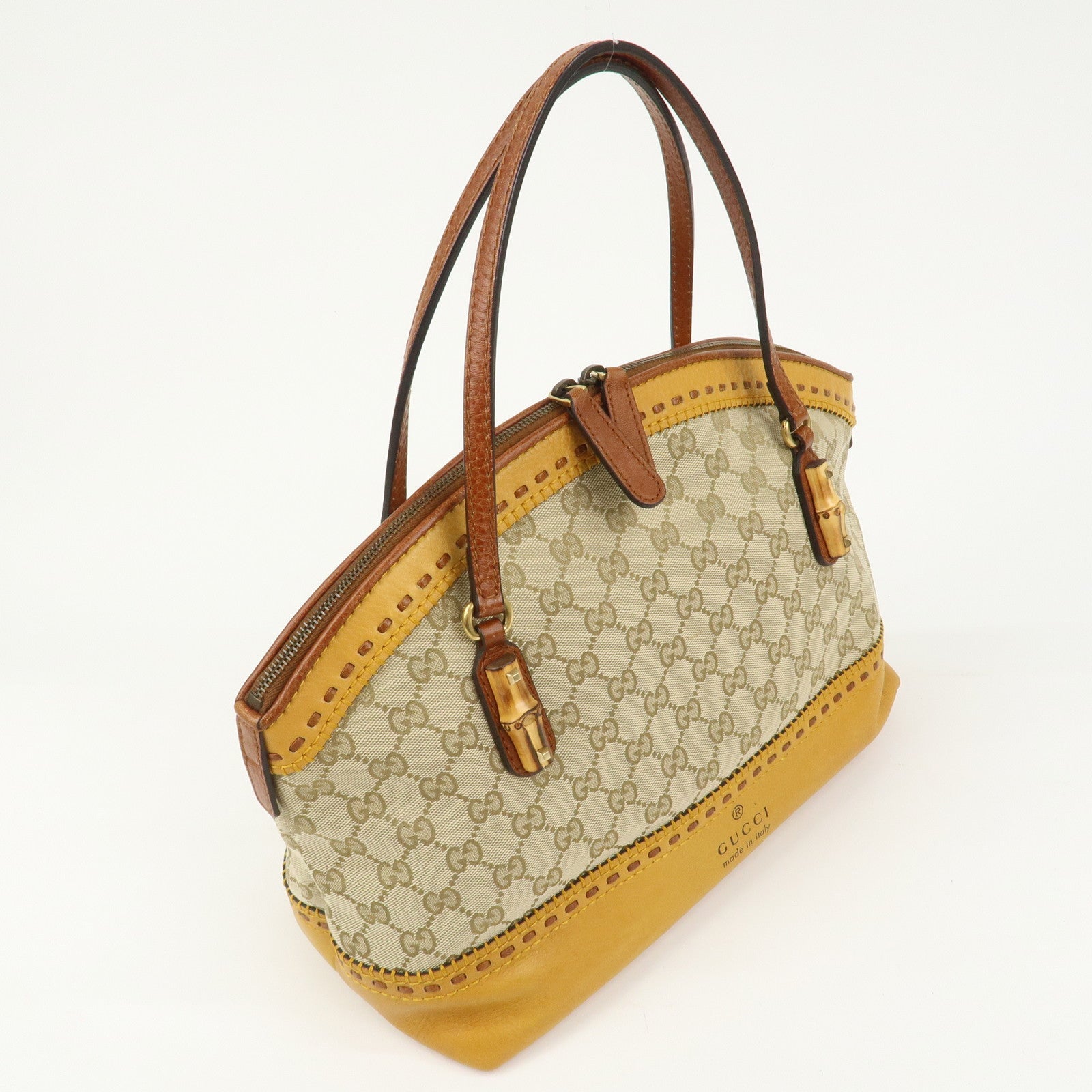 GUCCI Bamboo GG Canvas Leather Crafty Tote Bag Brown 339002