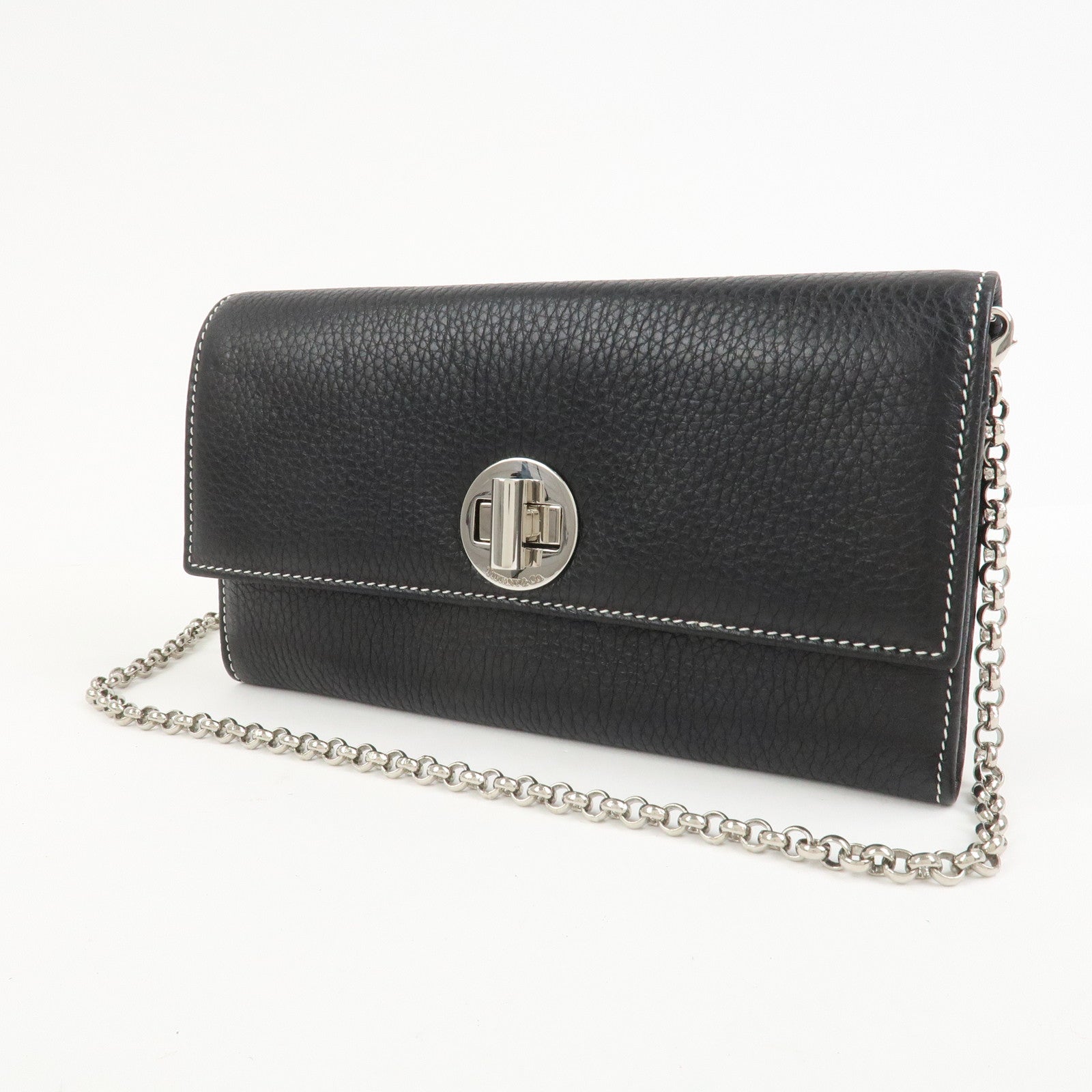 Tiffany & Co Leather Chain Long Wallet Shoulder Bag Black