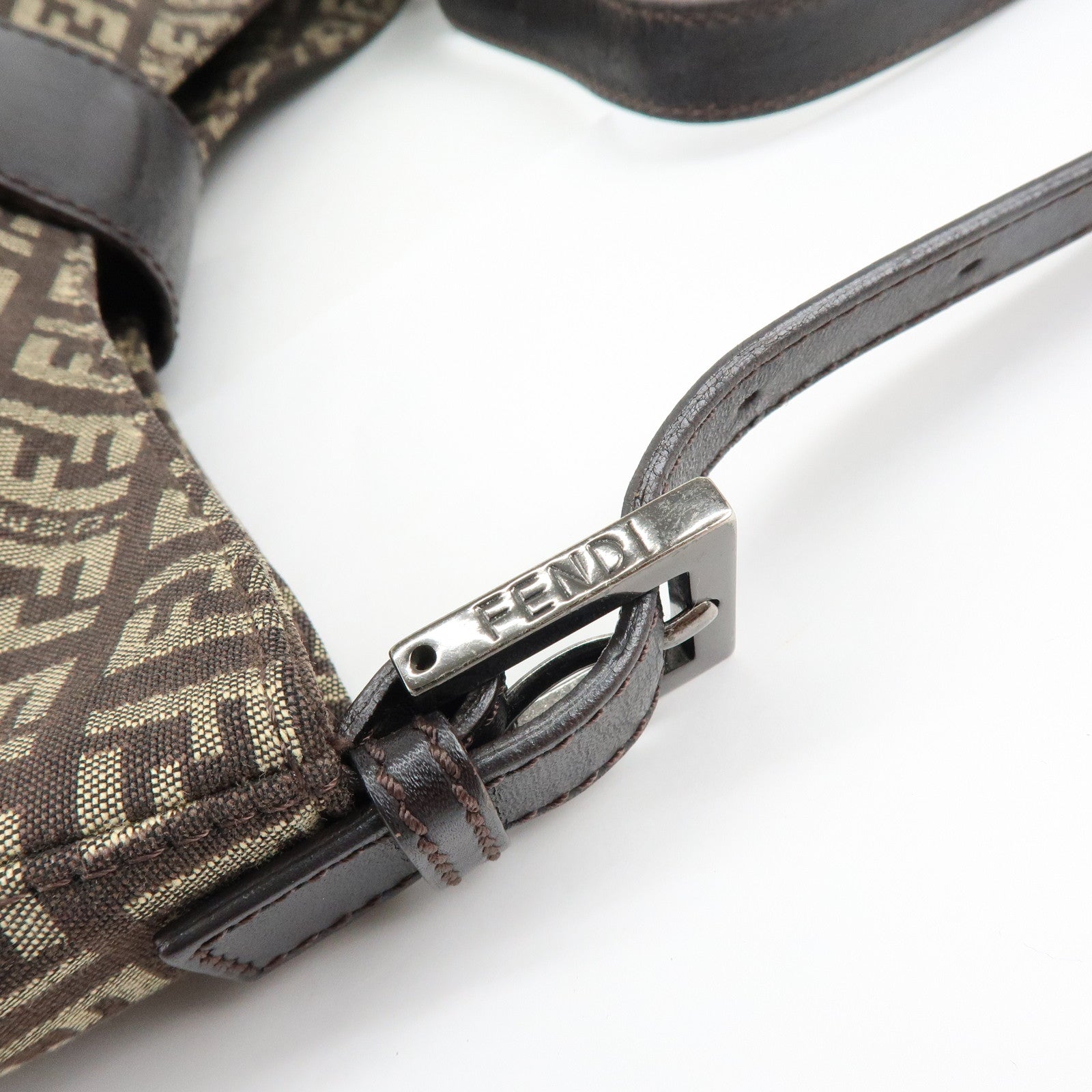 FENDI Zucchino Canvas Leather Shoulder Bag Brown 8BR036