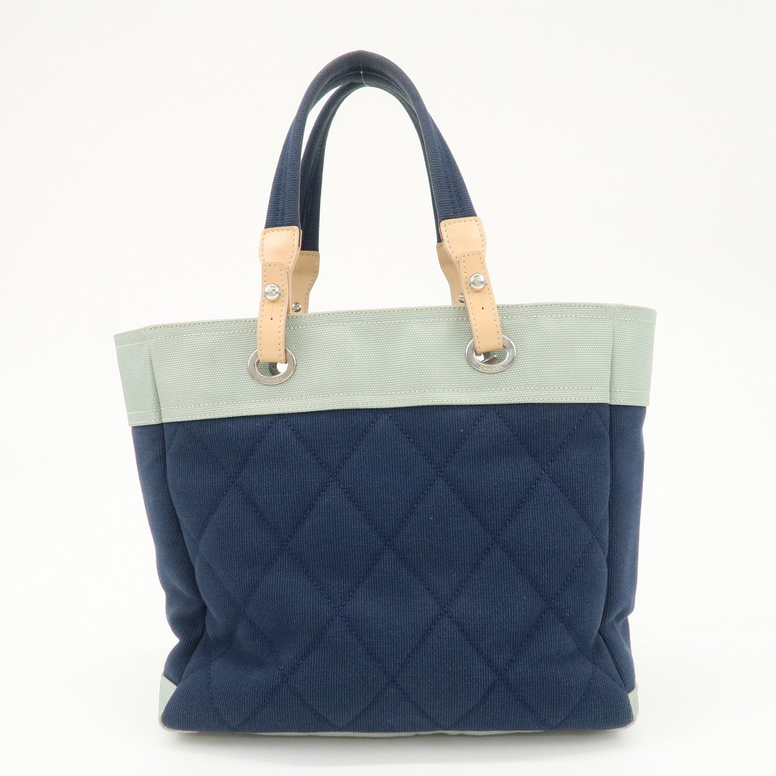 CHANEL Paris Biarritz Canvas Leather Tote Bag MM Navy A43209 Used