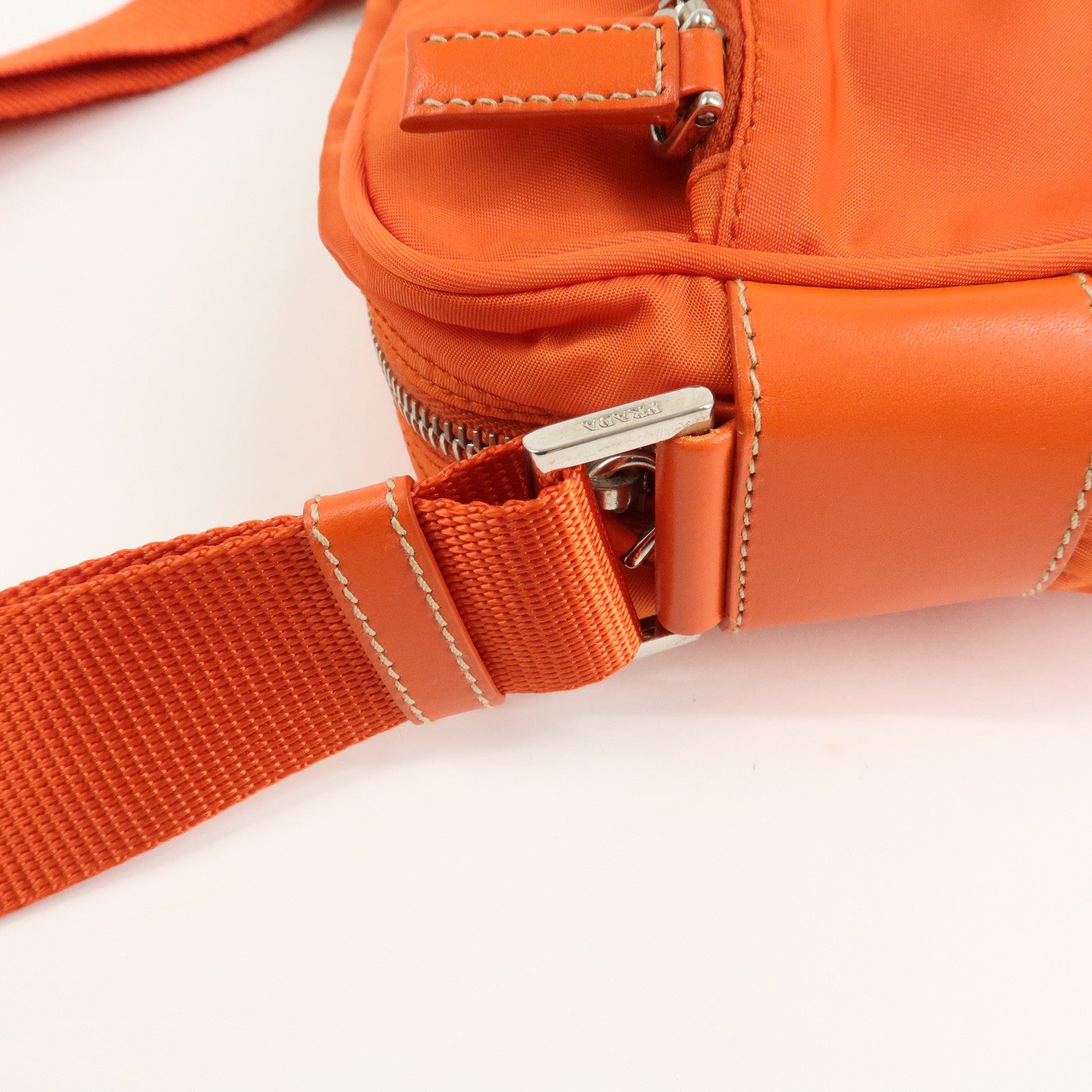 PRADA Triangle Logo Leather Nylon Shoulder Bag Orange Used