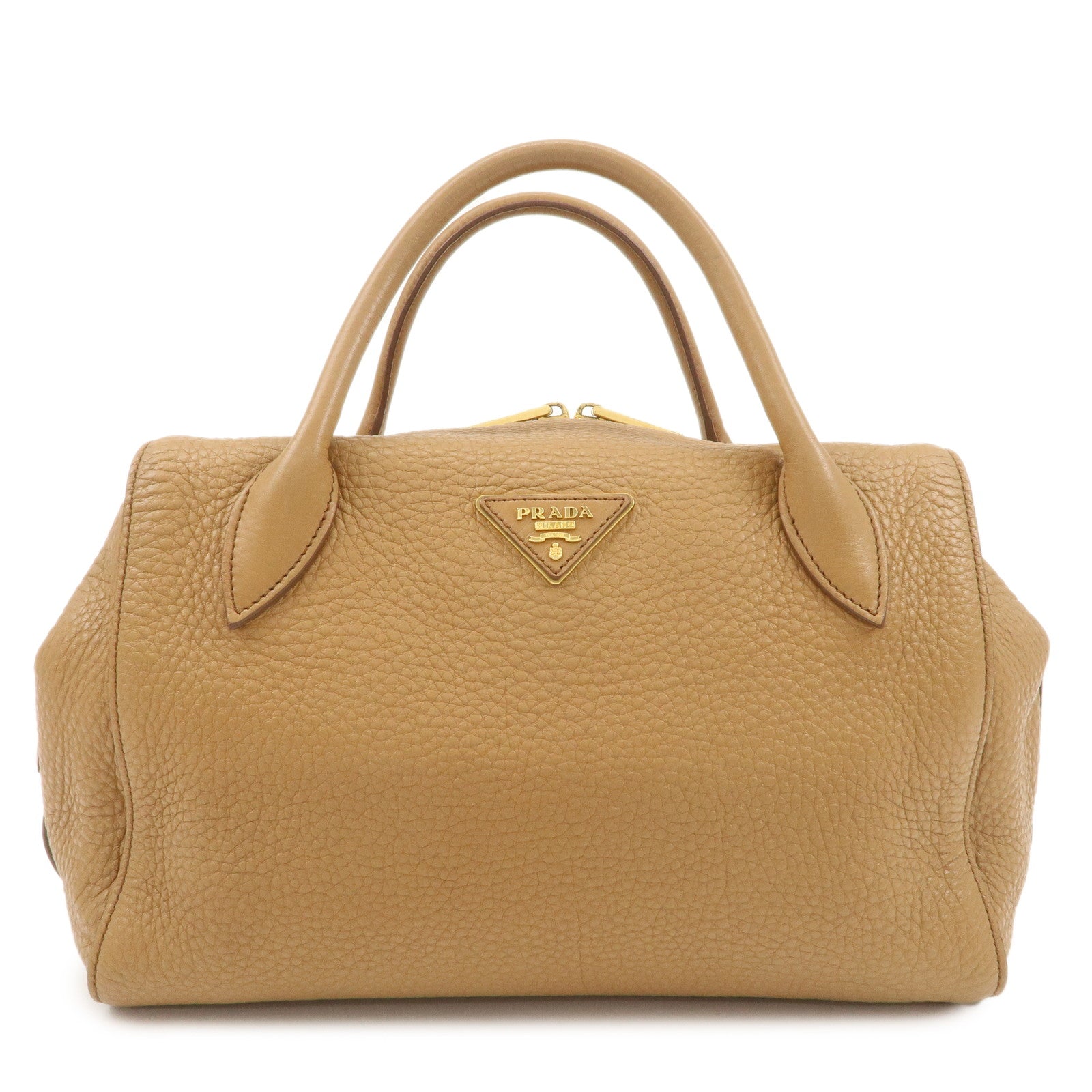 PRADA Triangle Logo Leather 2Way Bag Boston Bag Hand Bag Brown 1BB031 Used