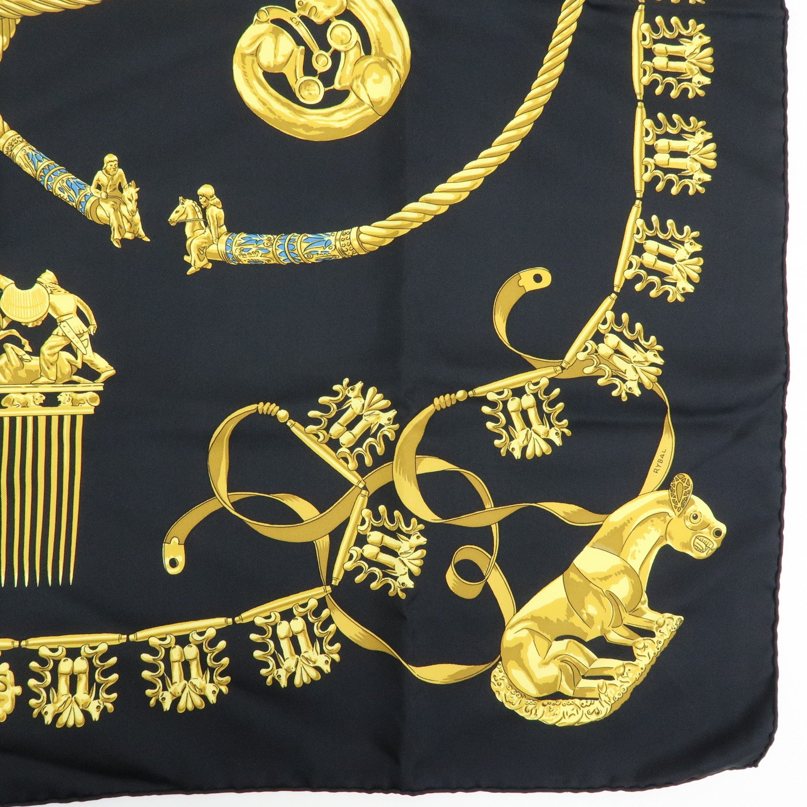 HERMES Carre 90 Silk 100% Scarf LES CAVALIERS D'OR Black Gold