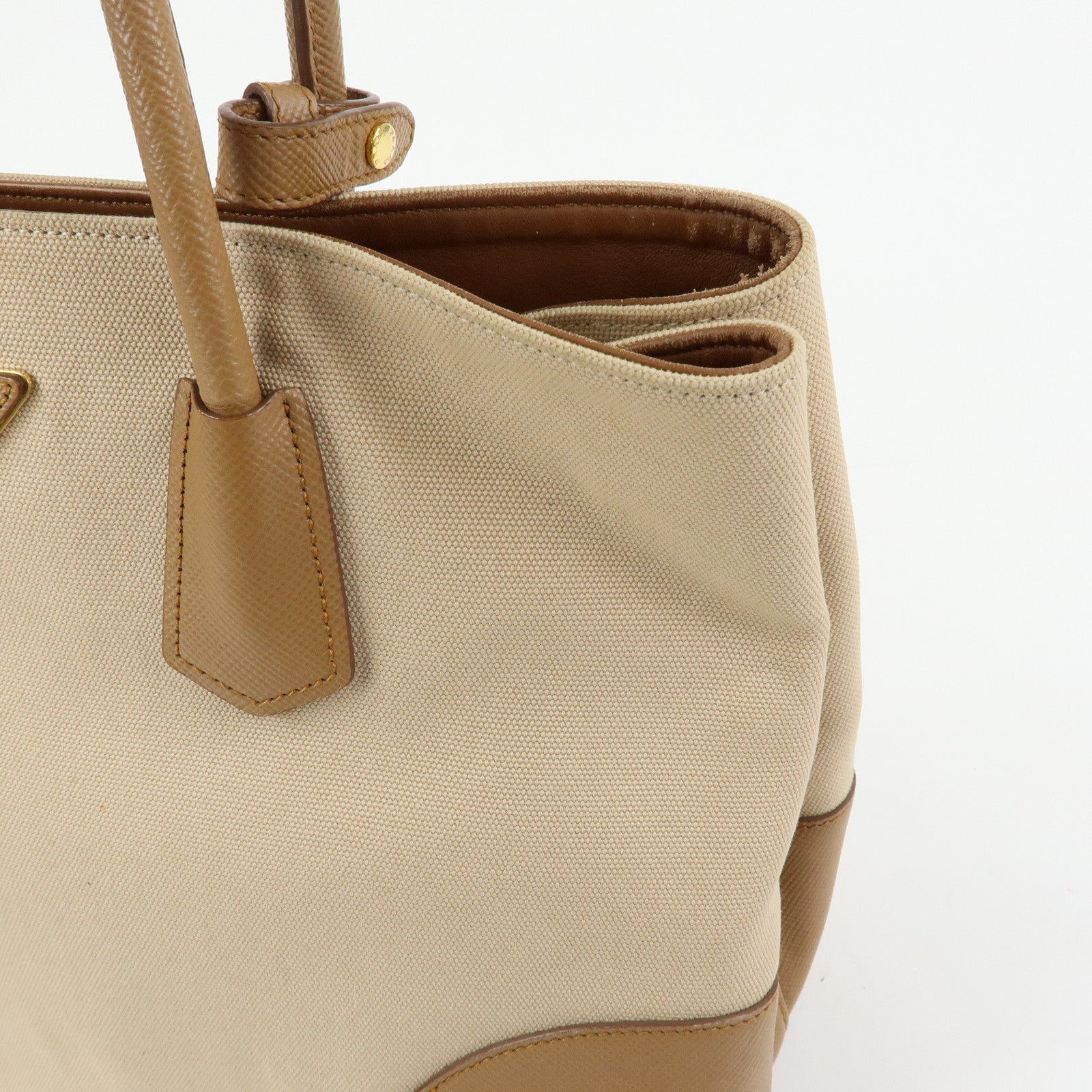 PRADA Triangle Logo Canvas Leather Tote Bag Beige Brown B2756T