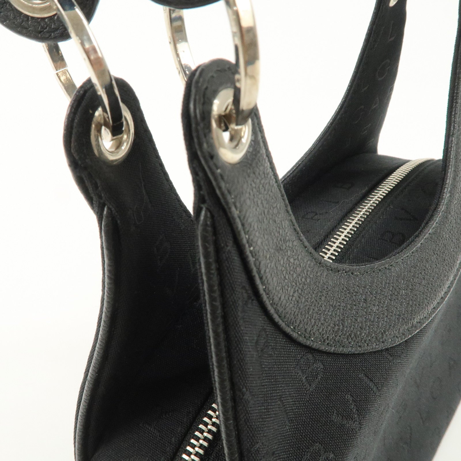 BVLGARI Logo Maniac Canvas Leather Shoulder Bag Black Used
