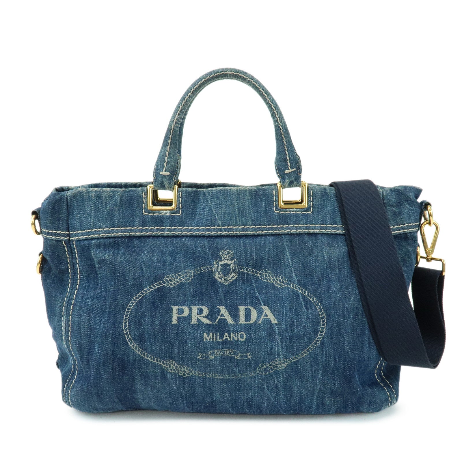 PRADA Triangle Logo Denim 2Way Bag Hand Shoulder Bag Blue BN2069