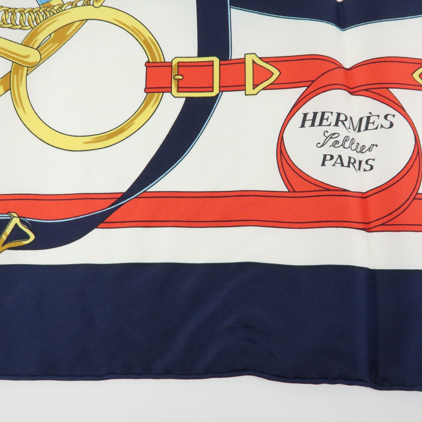 HERMES Carre 90 Silk 100% Scarf Eperon d'or White Navy Red Yellow