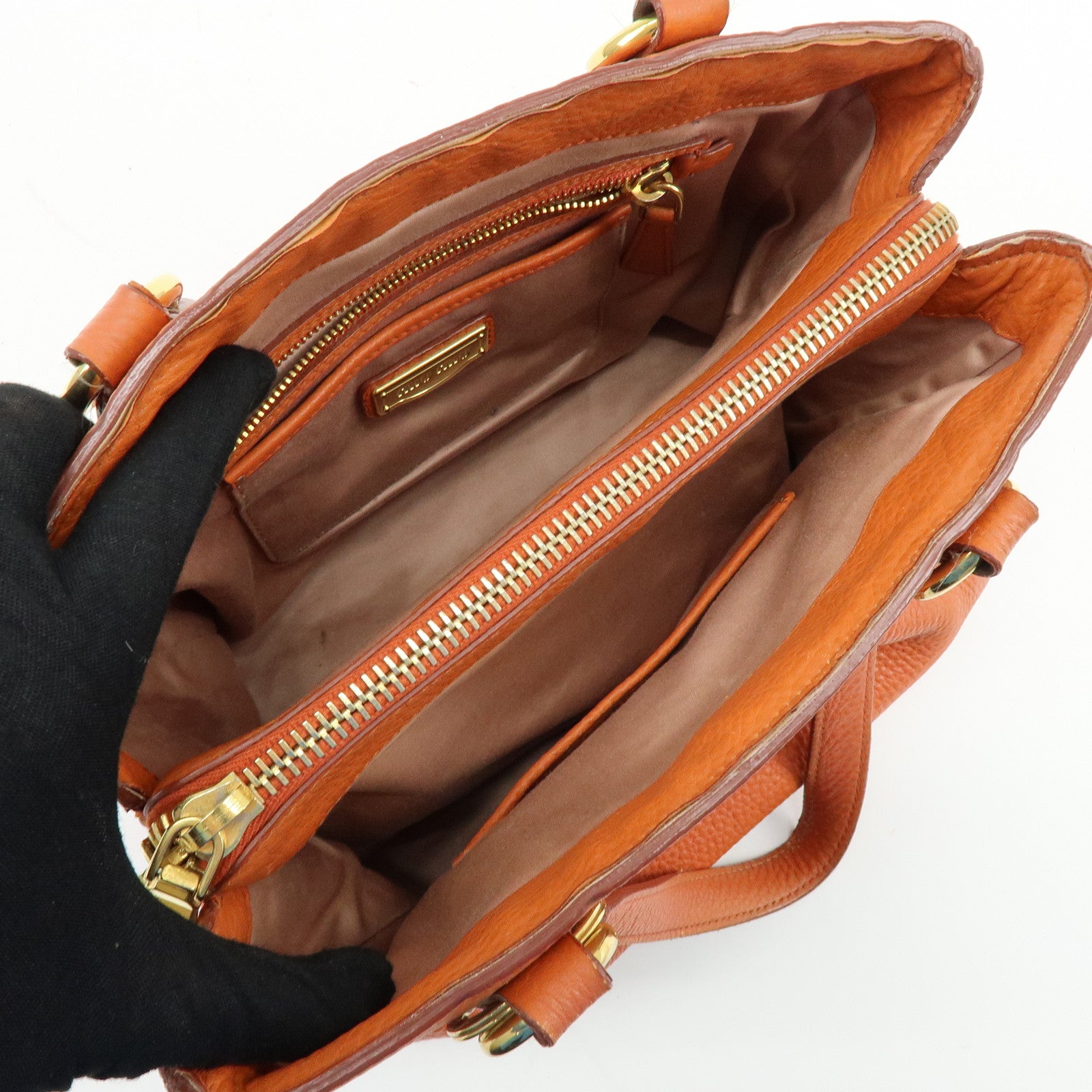 MIU MIU Logo Leather Hand Bag Tote Bag Orange