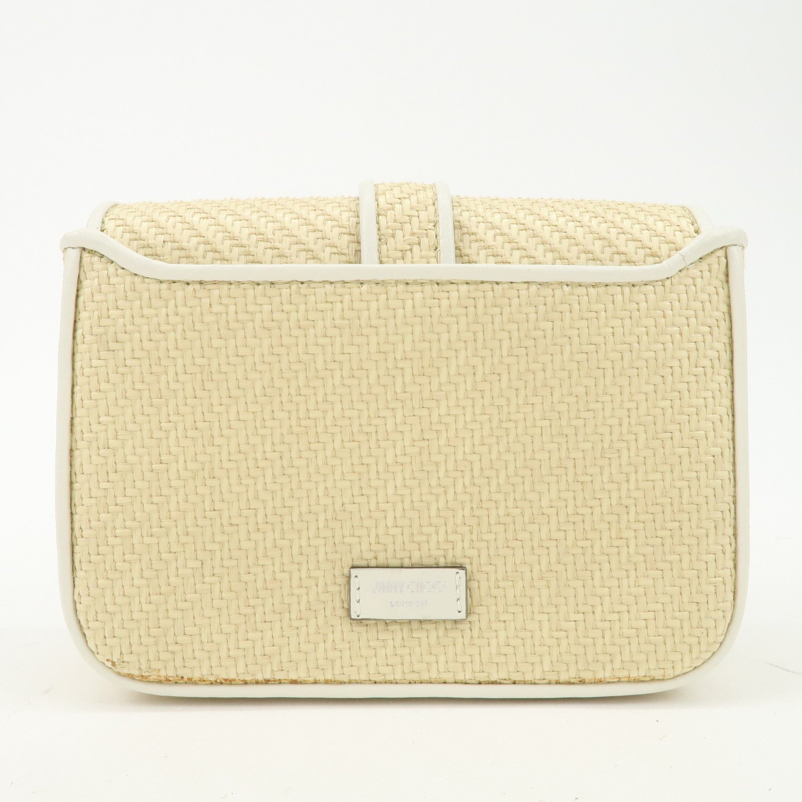 JIMMY CHOO Raffia Leather Mini Chain Shoulder Bag Beige Ivory