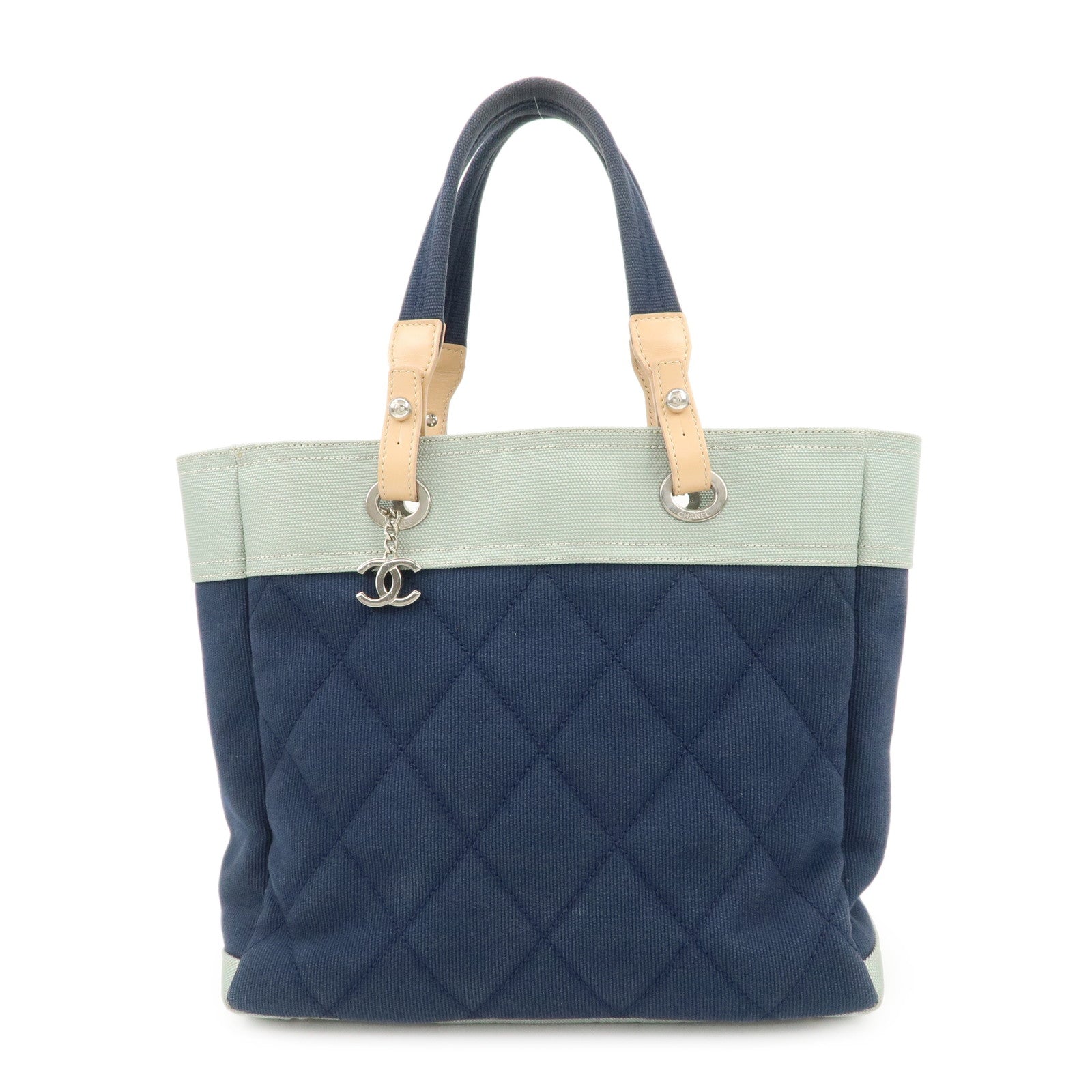 CHANEL Paris Biarritz Canvas Leather Tote Bag MM Navy A43209 Used