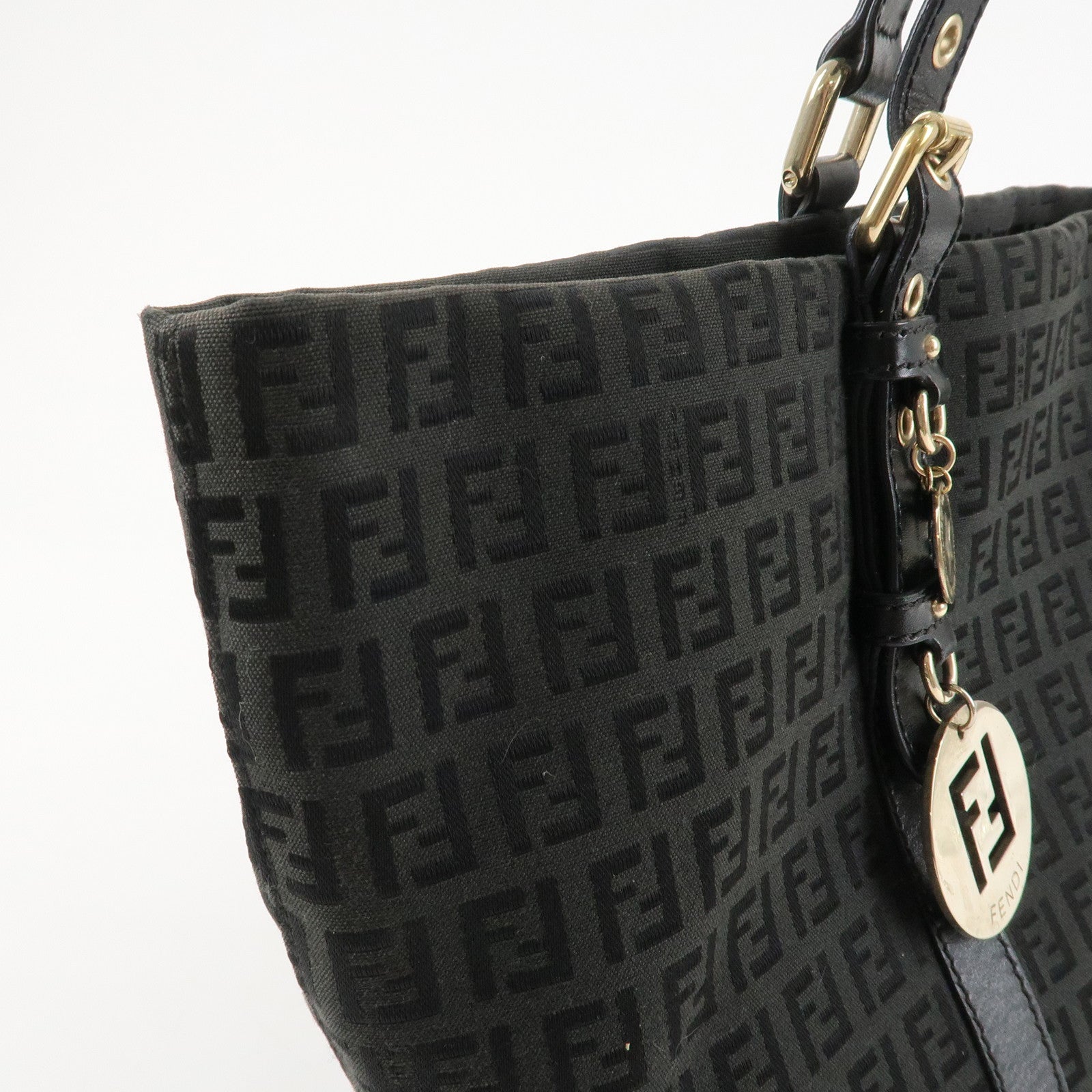 FENDI Zucchino Canvas Leather Tote Bag Shoulder Bag Black 8BH215 Used