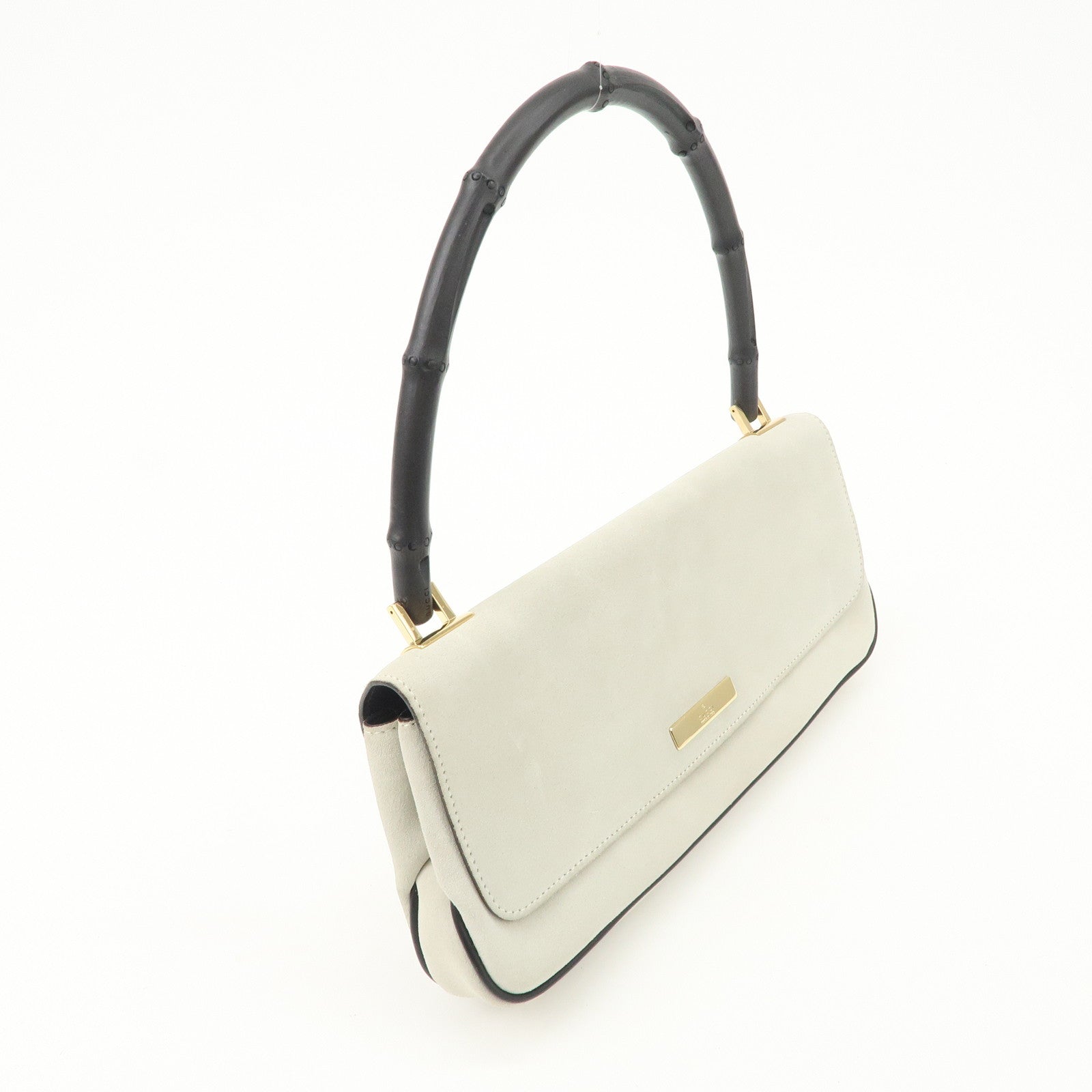 GUCCI Bamboo Suede Shoulder Bag Hand Bag Light Gray 001.4047