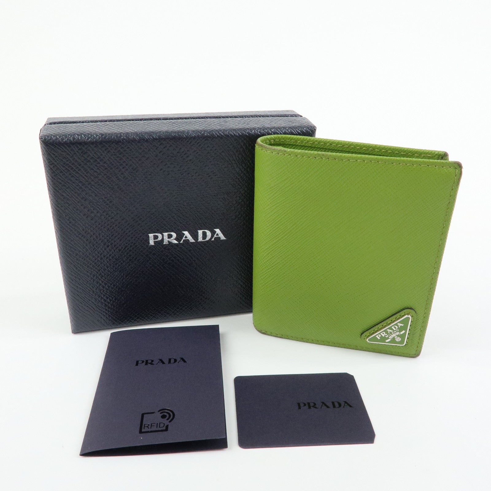 PRADA Triangle Logo Saffiano Leather Compact Wallet Light Green