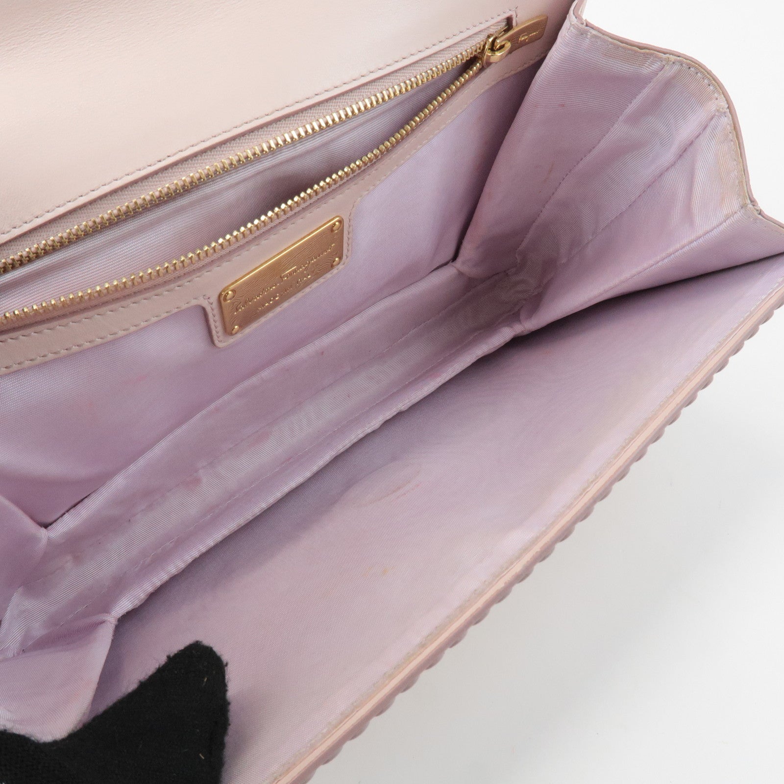 Ferragamo Vara Leather Ribbon Chain Shoulder Bag Pink Used