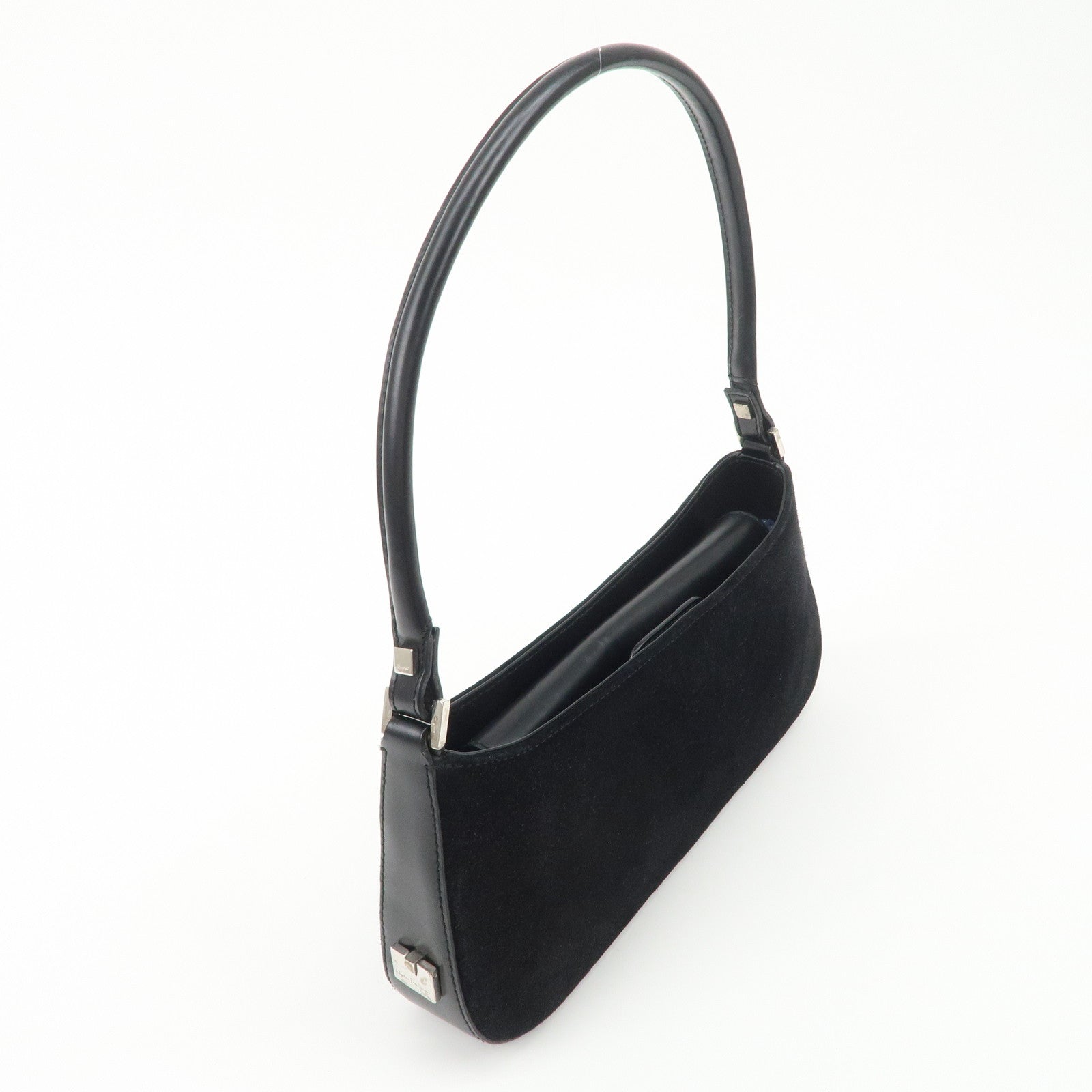 Ferragamo Logo Leather Suede Shoulder Bag Hand Bag Black