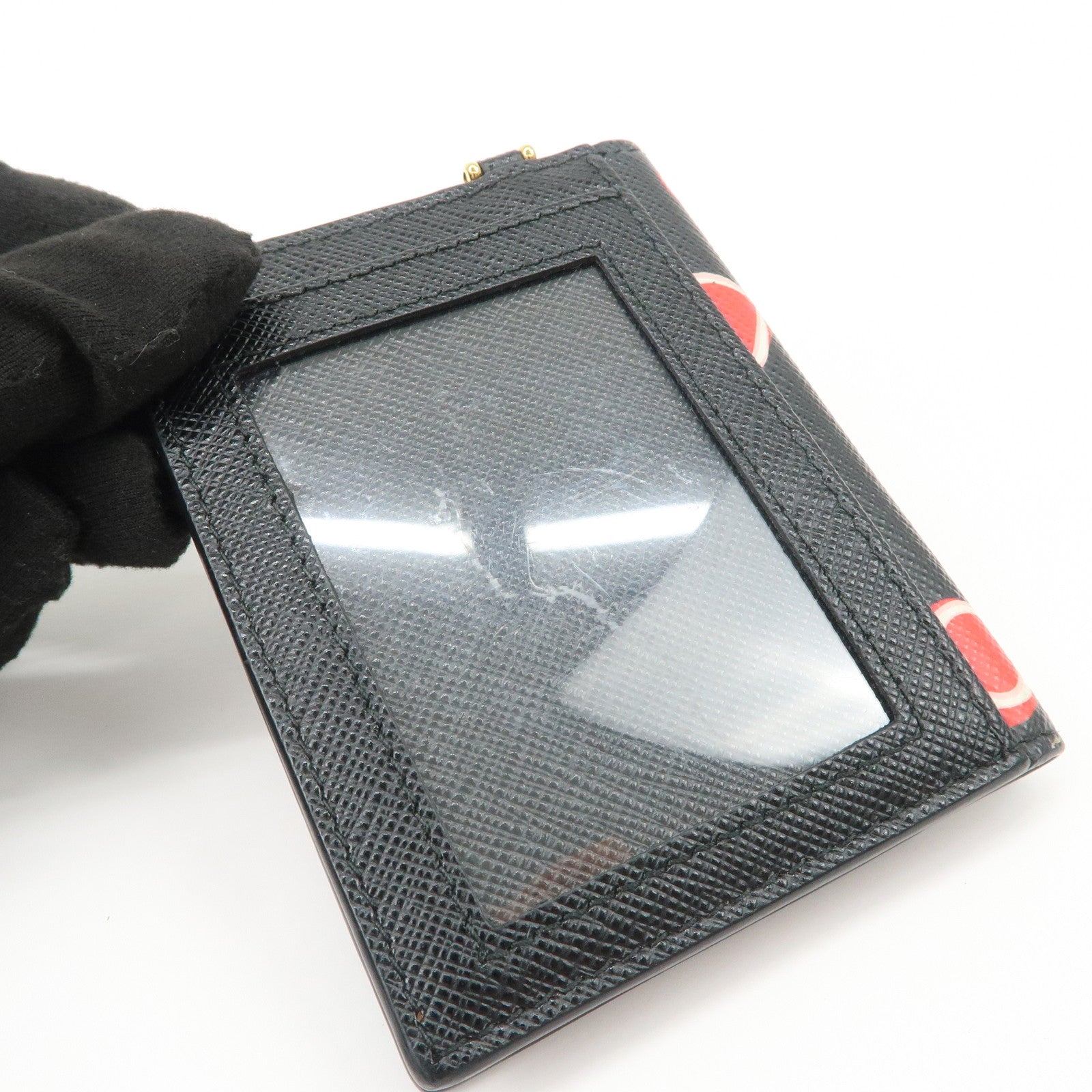 PRADA Saffiano Leather Heart Card Case Pass Case Black Red 1MC006