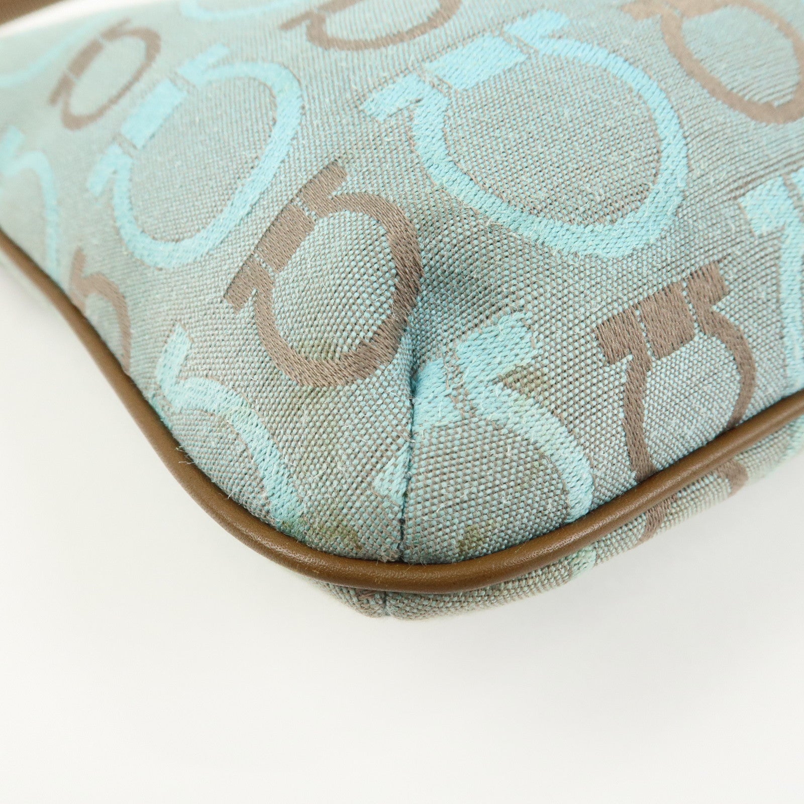 Ferragamo Gancini Logo Canvas Leather Shoulder Bag Light Blue Brown