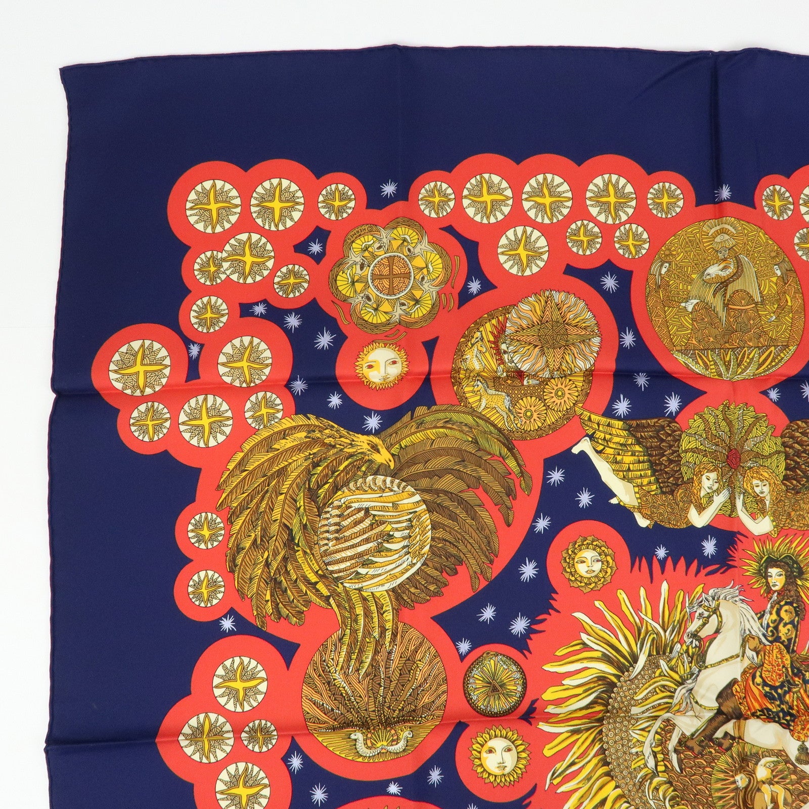 HERMES Carre 90 Silk 100% Scarf LE ROY SOLEIL Navy Red Yellow