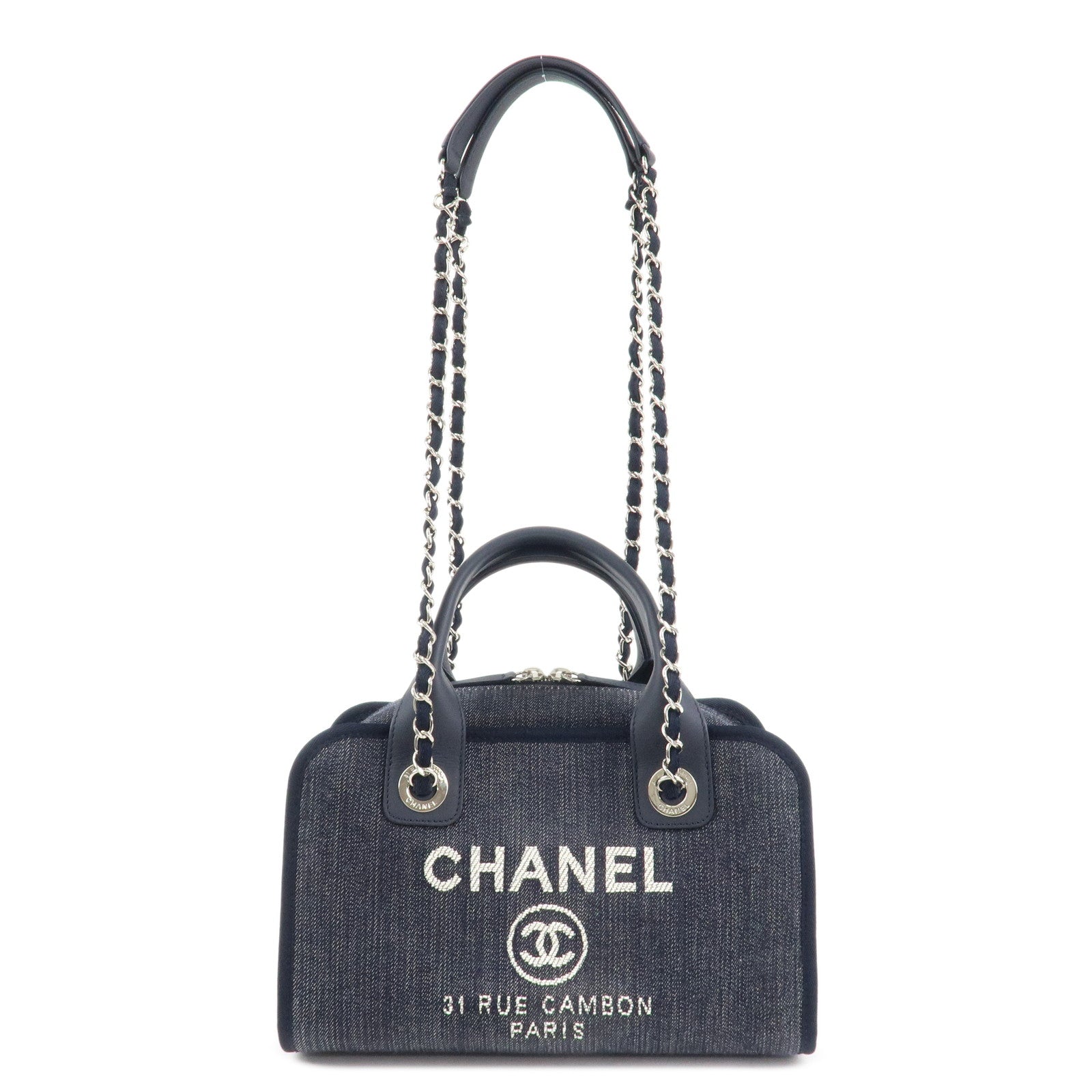 CHANEL Deauville Leather Denim 2Way Bag Bowling Bag Navy A92749 Used