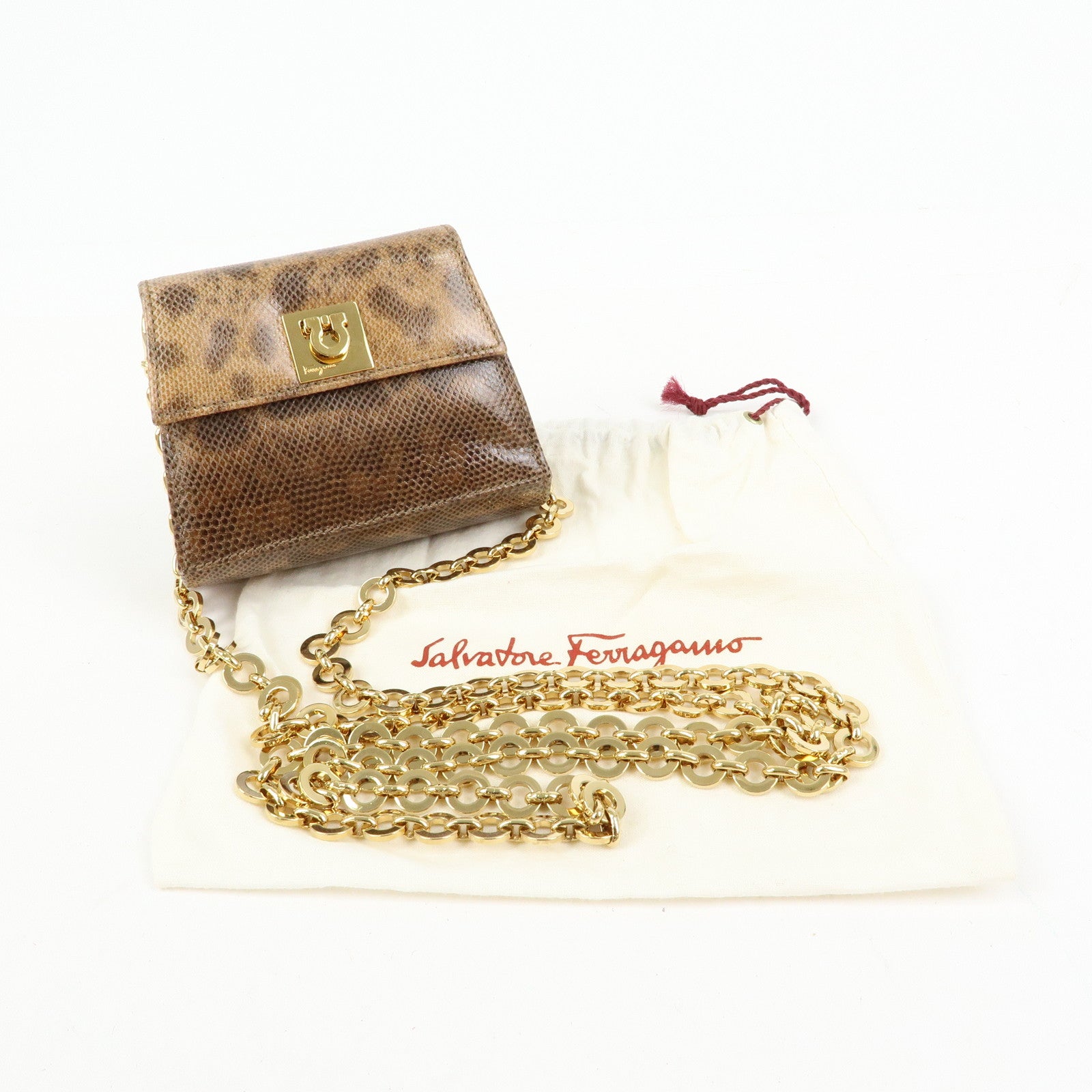 Ferragamo Gancini Embossed Leather 2Way Mini Shoulder Bag Brown