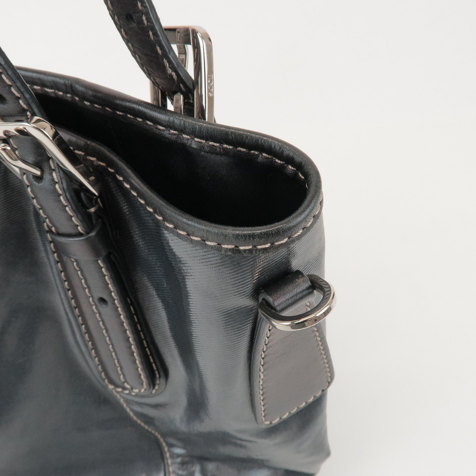 TOD'S PVC Coated Canvas Leather Tote Bag Hand Bag Black