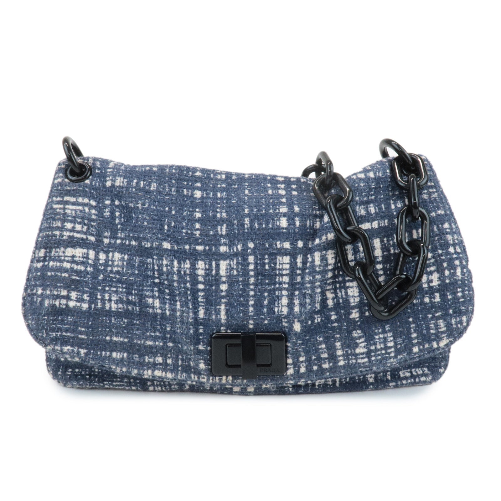 PRADA Tweed Leather Plastic Chain Shoulder Bag Navy White BR4874 Used