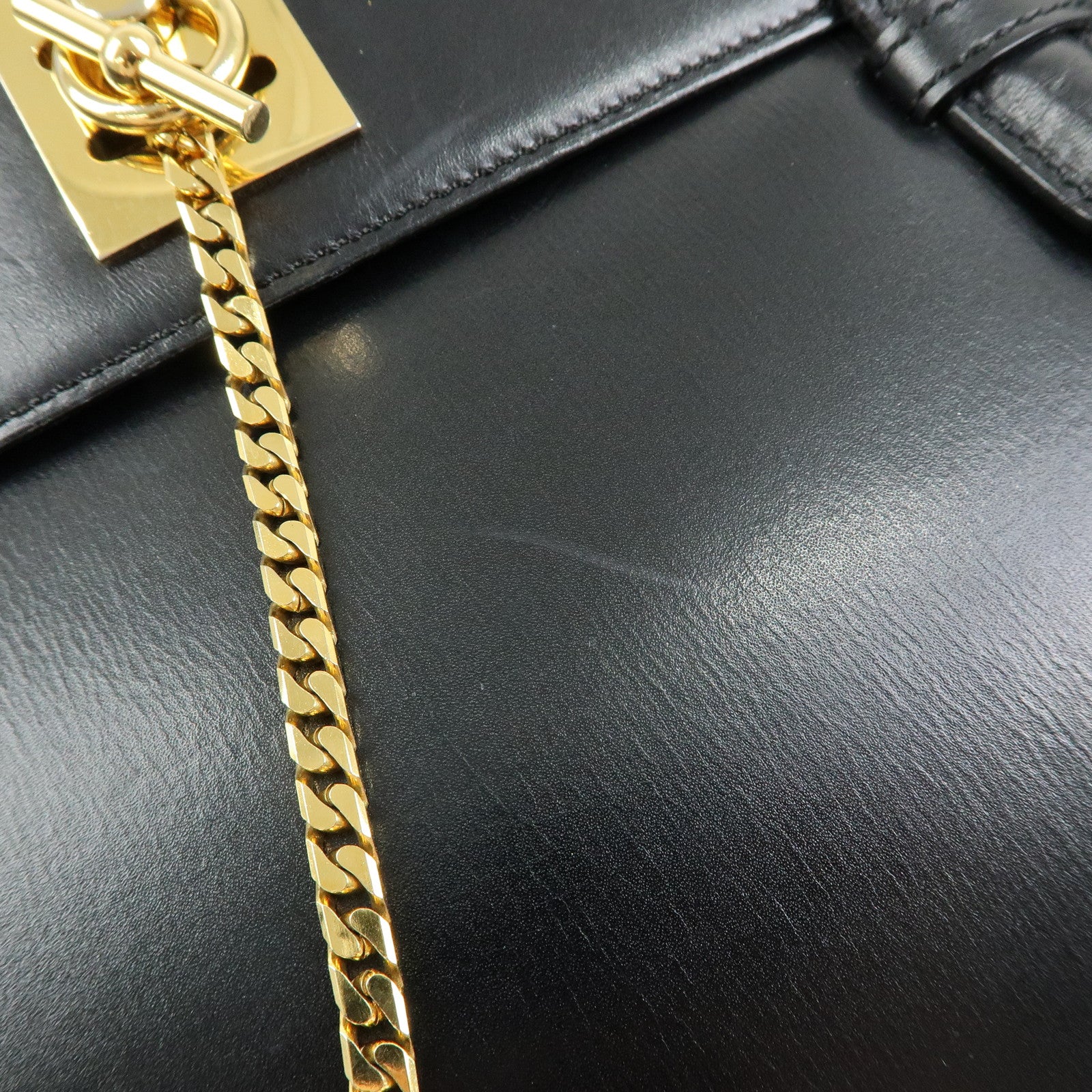 CELINE Leather Chain Lock Tote Bag Shoulder Bag Hand Bag Black