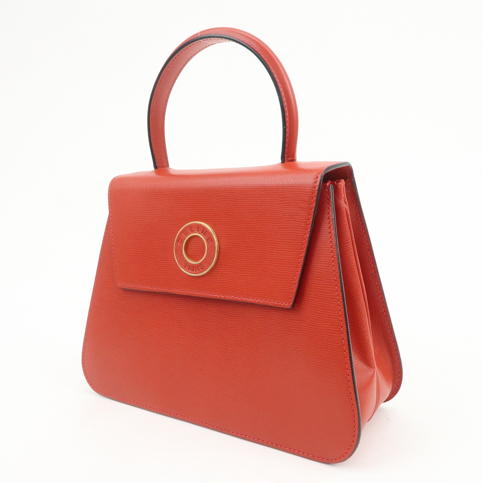 CELINE Logo Leather 2Way Bag Hand Bag Shoulder Bag Red Gold