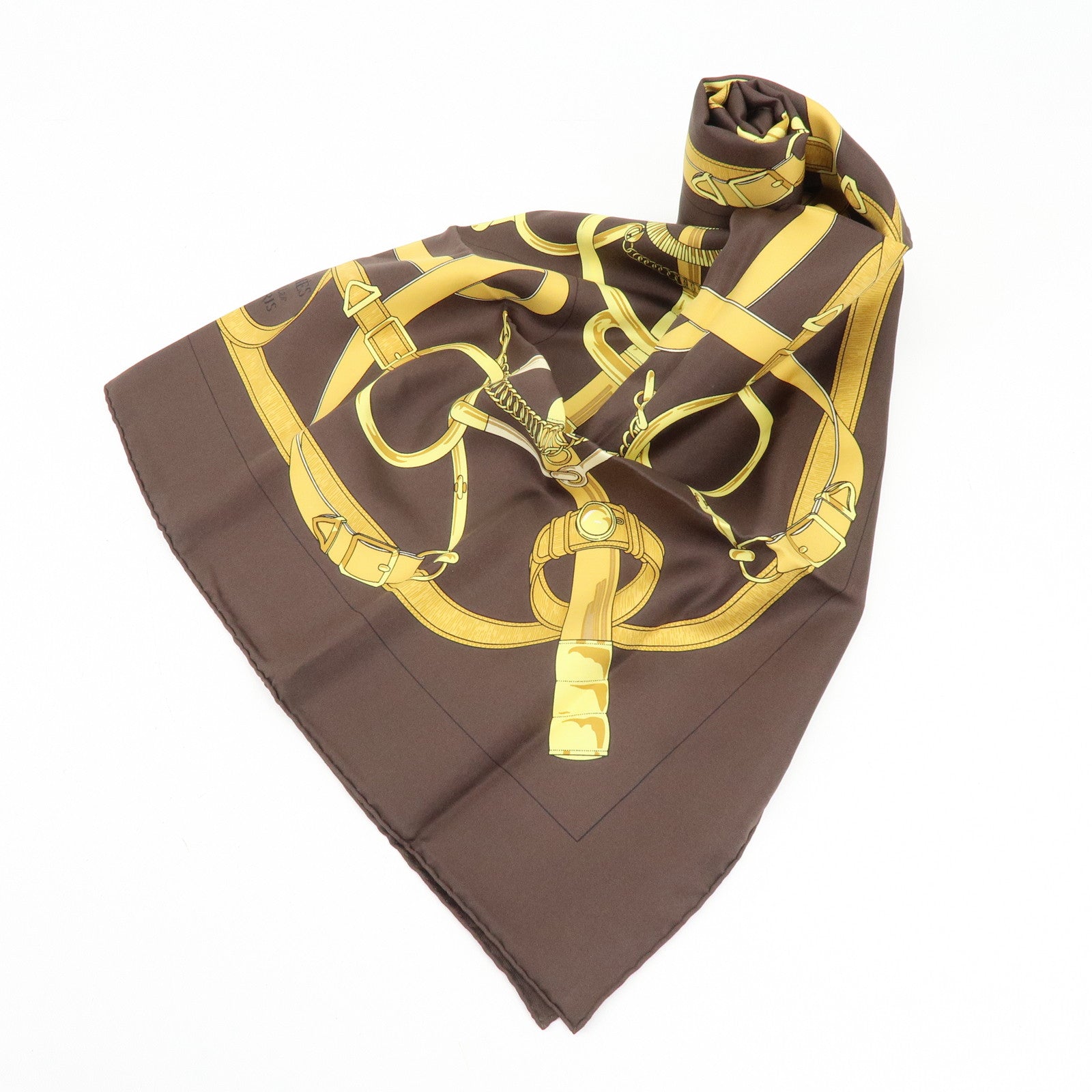 HERMES Carre 90 Silk 100% Scarf Eperon d'or Brown Gold