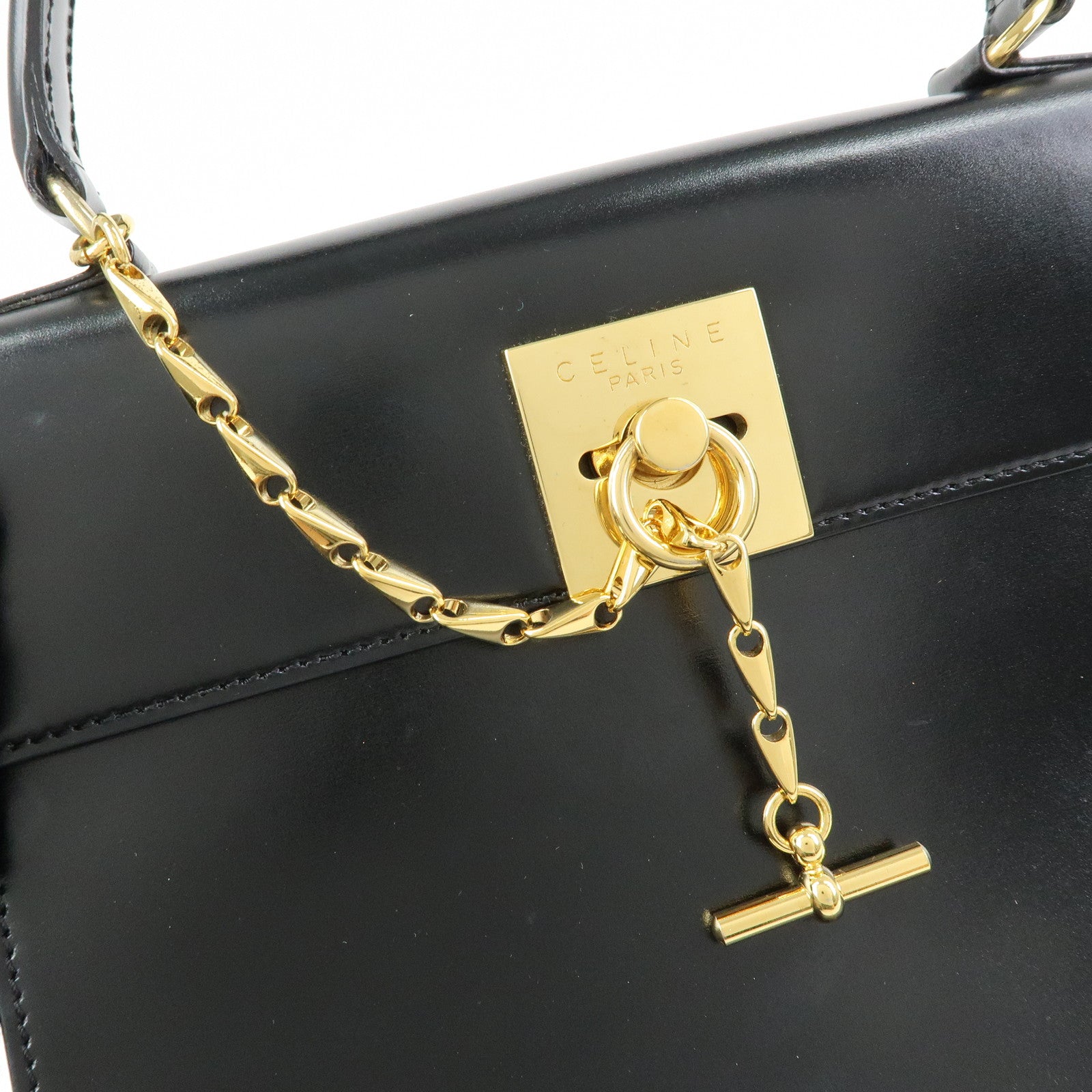 CELINE Leather Hand Bag Top-handle Bag Black Gold Chain