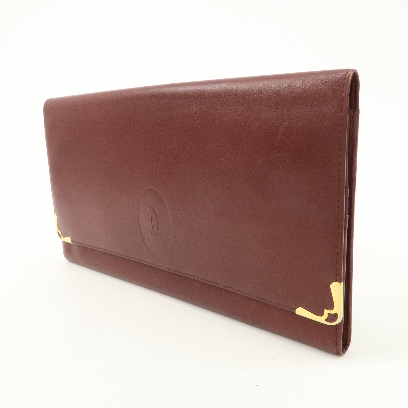 Cartier Must Line Leather Clutch Bag Bordeaux Gold Hardware Used