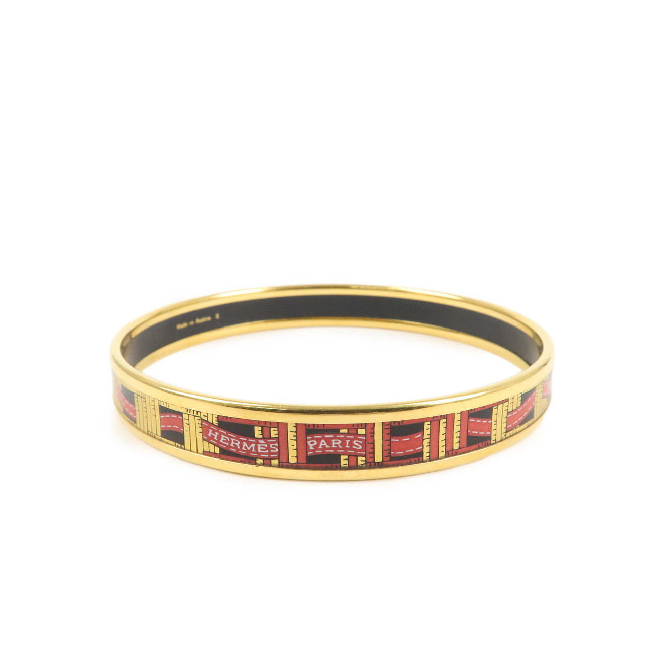 HERMES Plating Email PM Bangle Bracelet Black Gold Red Used